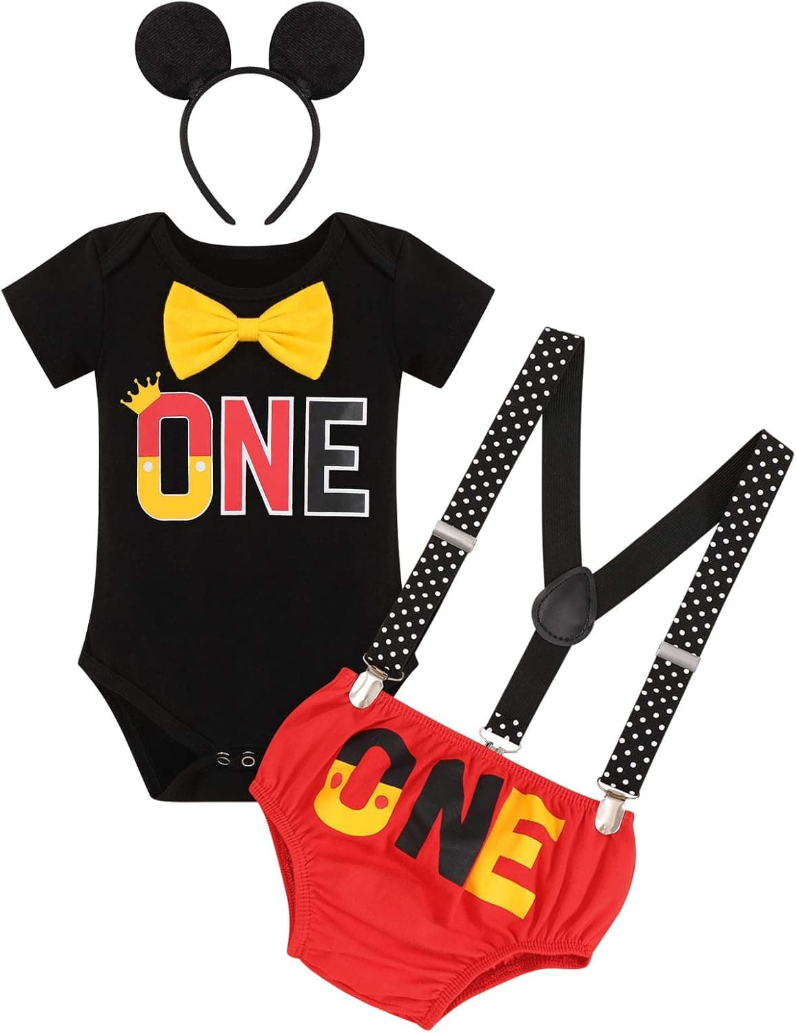 Baby Boy Mouse 1/2 First Birthday Outfit Romper + Suspenders + Pants + Headband Half Way to One Cake Smash Photo Shoot