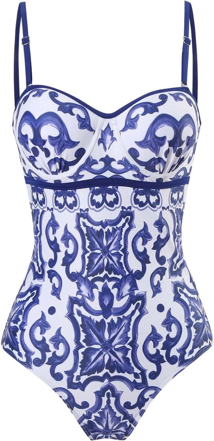 Womens Bikini Set 2 Piece Boho Vintage Print Halter Tummy Control Strappy Swimsuits with Bikini Maxi Wrap Skirt