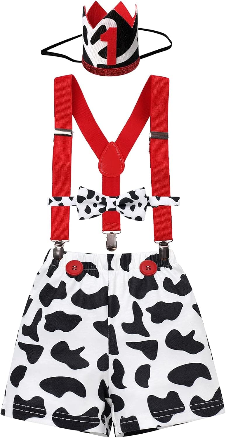 Baby Boy Farm Cow 1st Birthday Outfit Cake Smash Animals Print Shorts + Suspenders + Headband + Bowtie for Photo Shoot