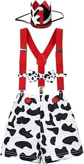 Baby Boy Farm Cow 1st Birthday Outfit Cake Smash Animals Print Shorts + Suspenders + Headband + Bowtie for Photo Shoot