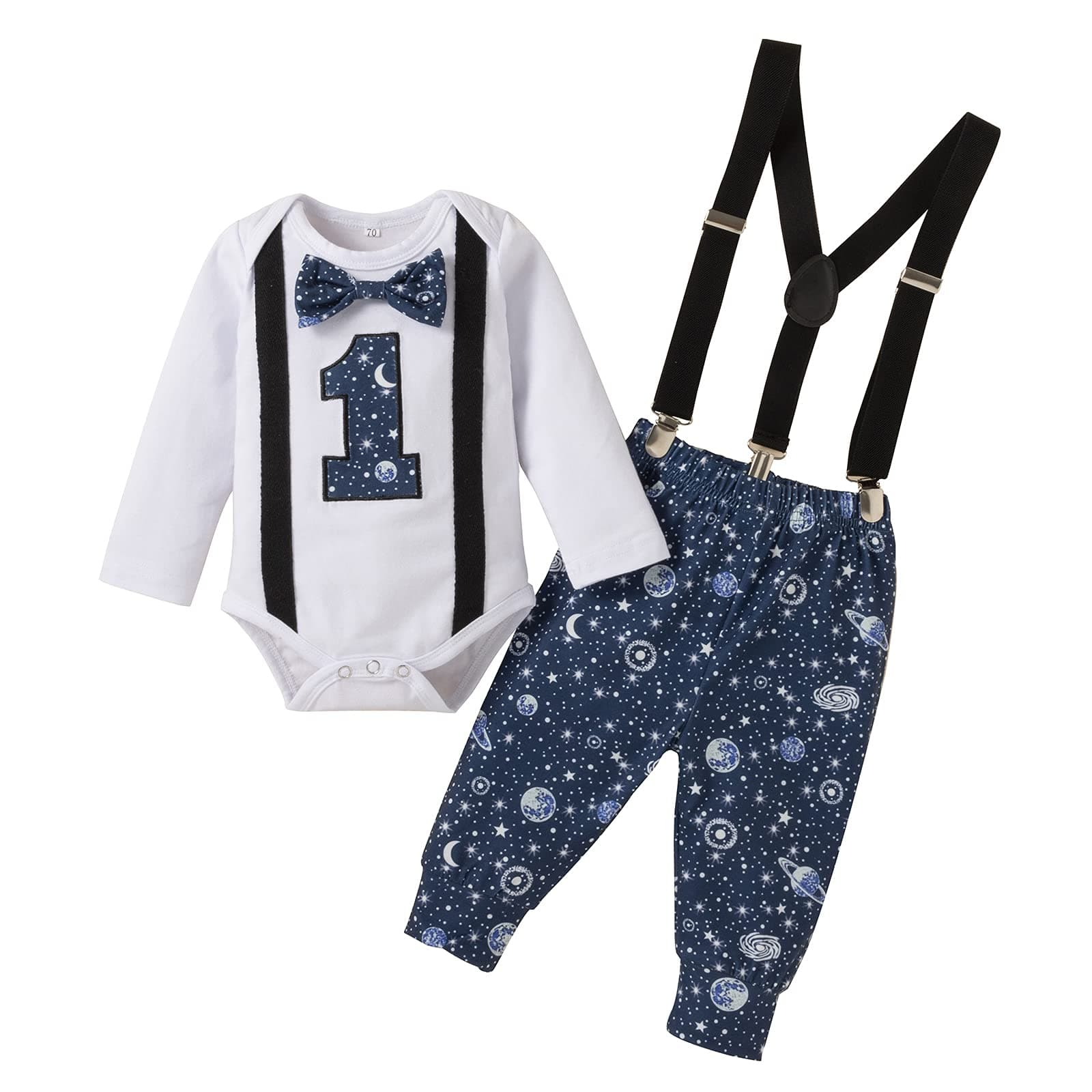 Space Theme Baby Boy 1st Birthday Outfit Set - Romper, Suspenders, Pants