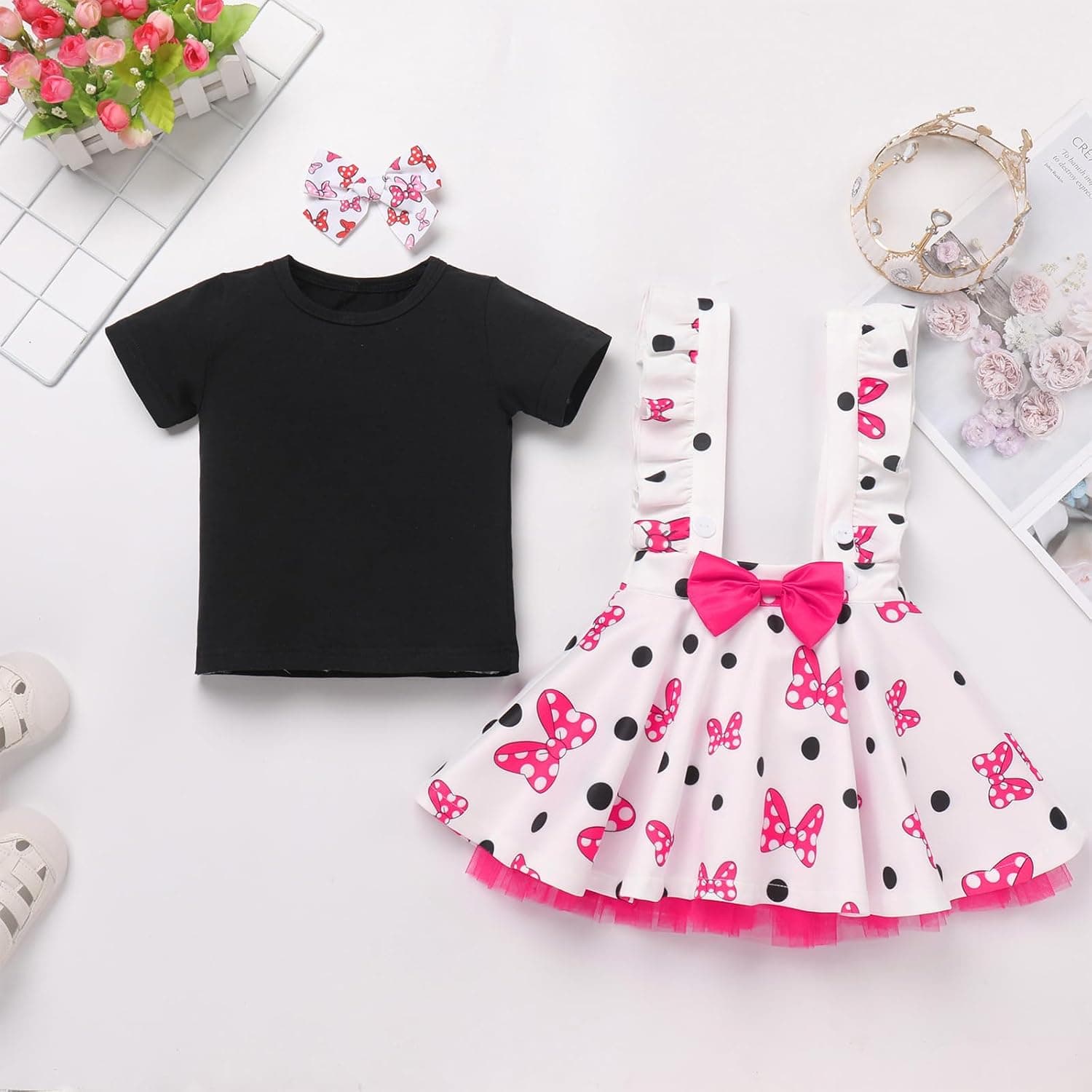 Toddler Baby Girls Mouse Birthday Outfit Shirt Suspenders Overalls Skirt Headband Cake Smash Halloween Costume Cosplay