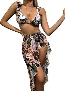 Women's 3 Pieces Beach Swimsuit Tropical Ruffle Halter Bikini Swimsuit with Cover up Wrap Skirt
