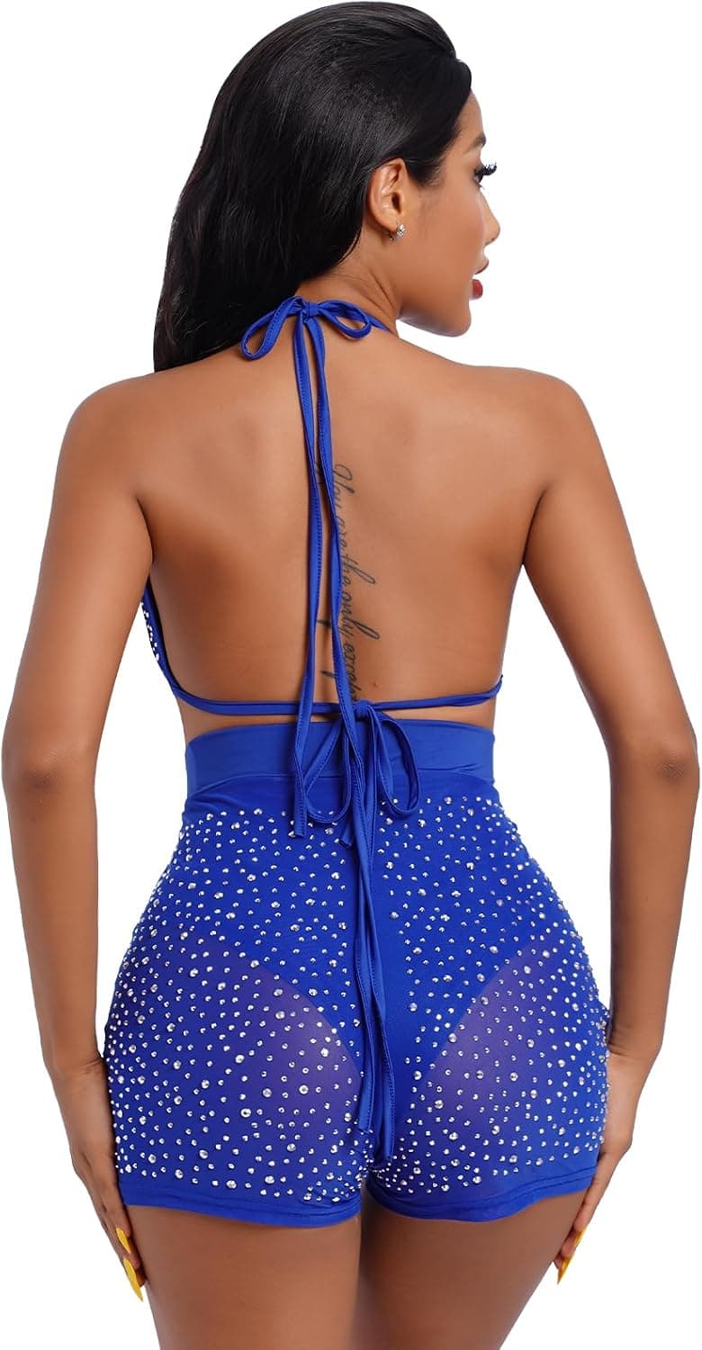 Women Sparkle Rhinestone Mesh Sheer Bikini Sets Halter Bra Top High Waist Shorts Bottom Swimsuits Rave Outfit