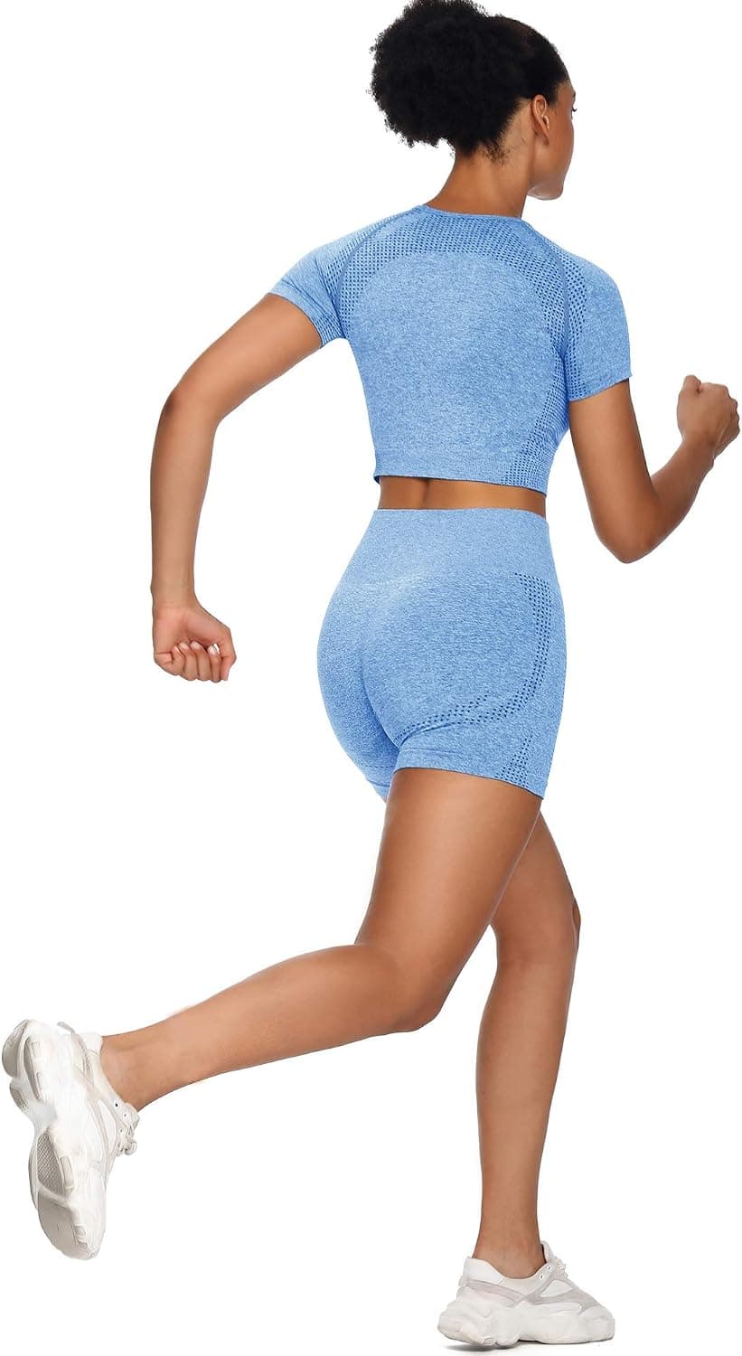 Women Seamless Yoga Outfits 2 Piece Set Workout Gym Shorts + Short Sleeve Crop Top