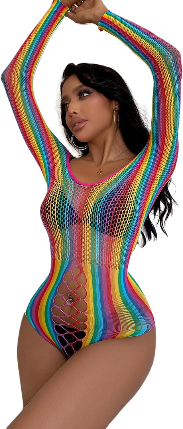 Women Rave Rainbow Mesh See Through Bikini Cover Ups Sexy Sleeveless Hollow Out Bodycon Midi Dress Festival Outfit