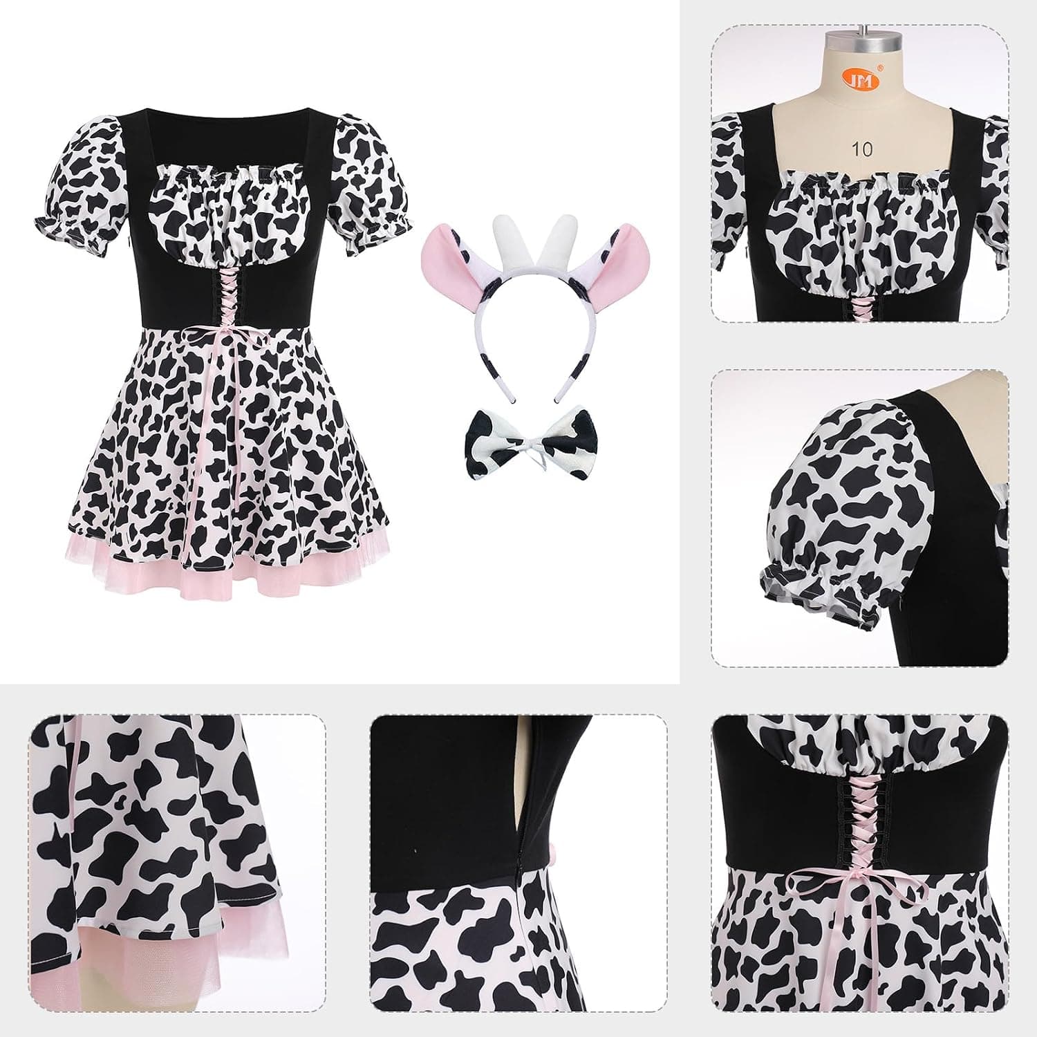 Women Cow Halloween Costume Cow Print Dress + Headband + Bowtie Anime Animals Cosplay Outfit 3 Piece Set