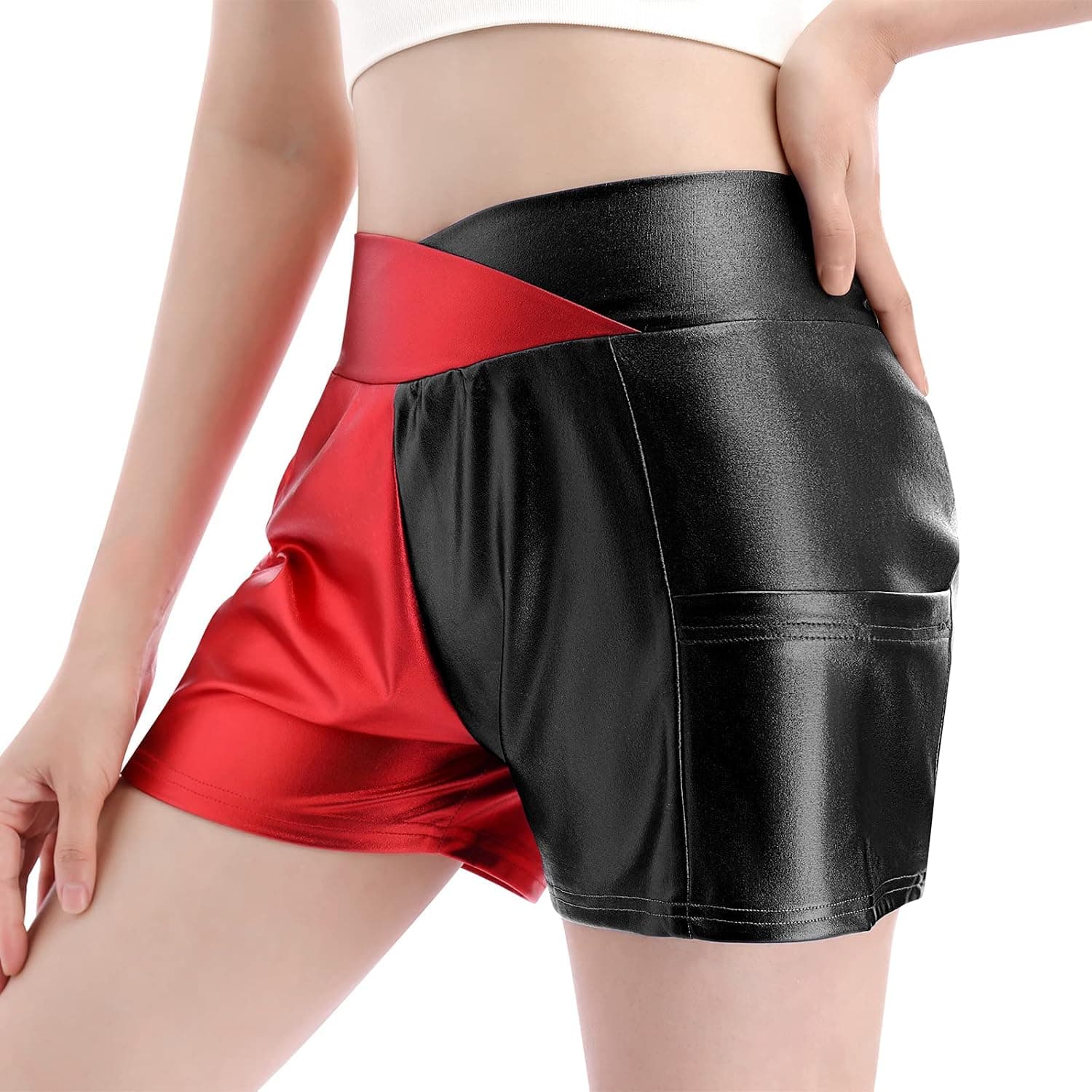 Women's Metallic Rave Shorts Shiny Hot Pants Color Block Disco Dance Bottoms Halloween Cosplay Clubwear Costumes
