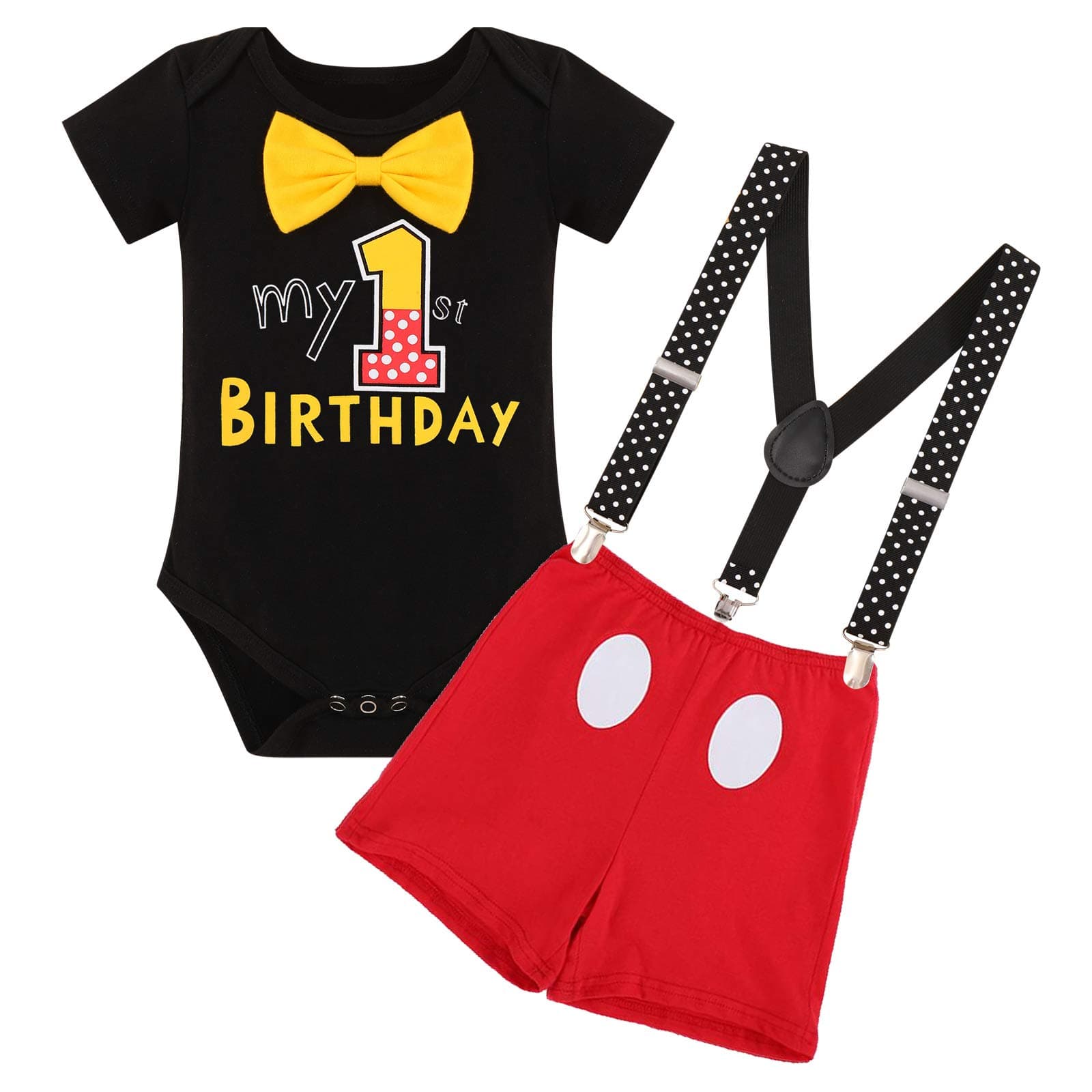Gentleman Mouse 1st Birthday Cake Smash Photo Props Outfit for Baby Boys - Black Boy Romper Suspenders Shorts Bloomers Halloween Shower Mouse Theme Party Supply