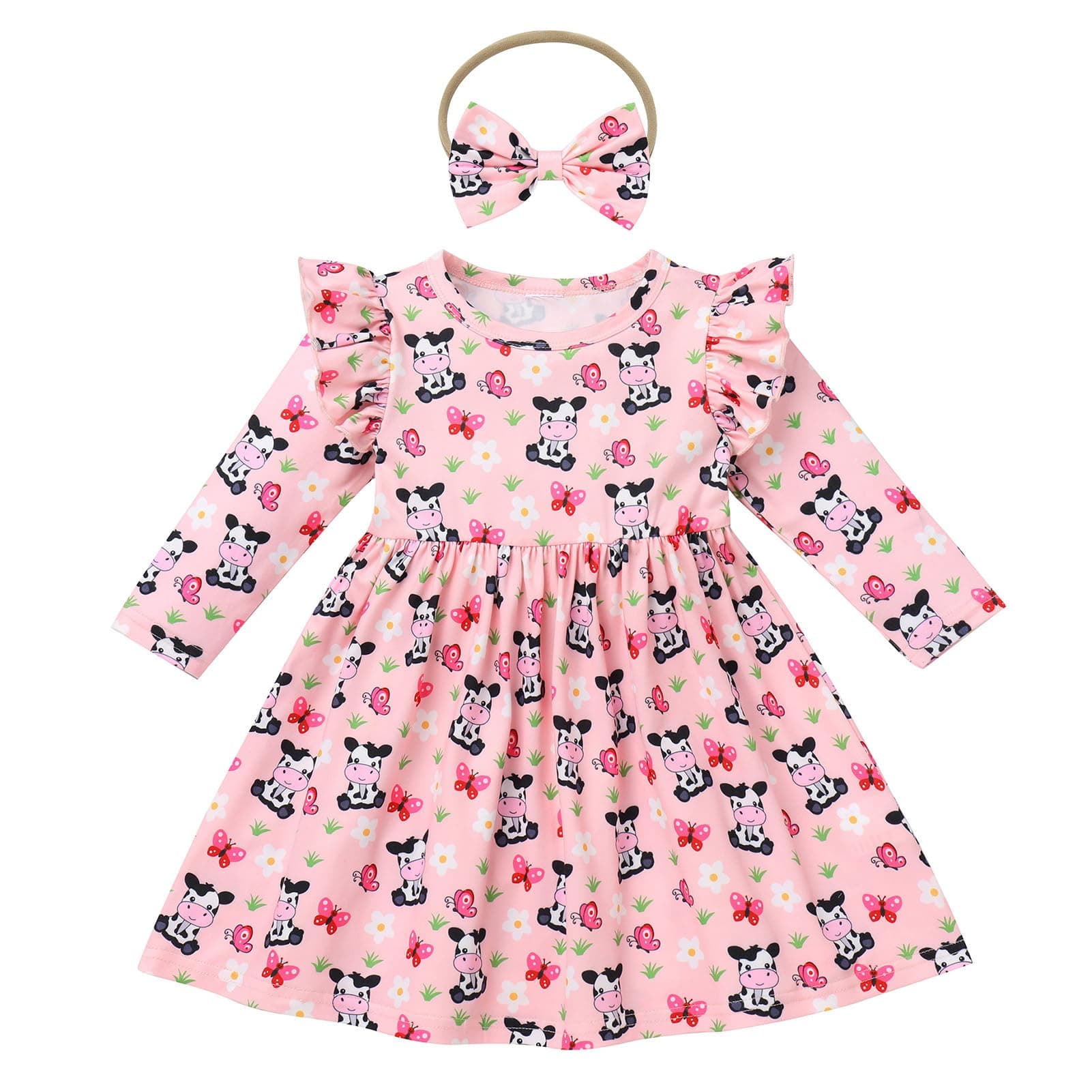 Toddler Baby Girls Birthday Dress with Headband Strawberry Cow Cake Smash Outfit