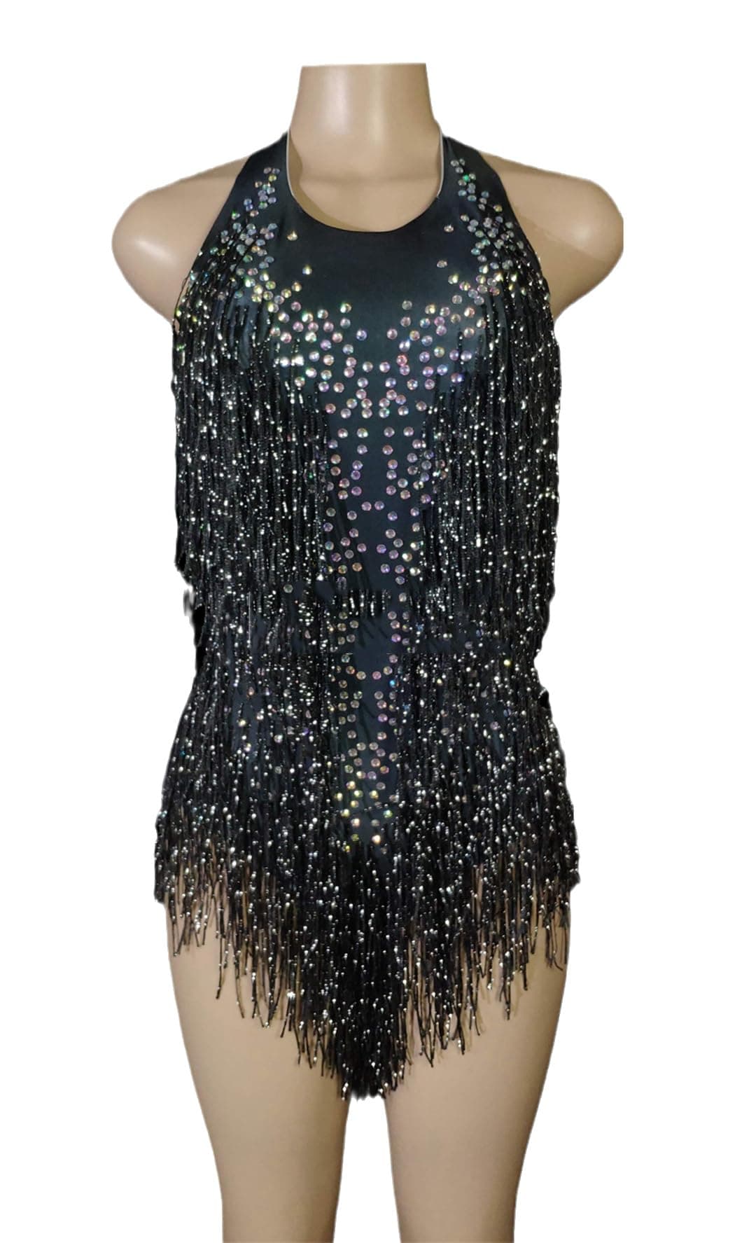 HEYDHSDC Sparkly Crystals Fringe Bodysuit Dance Costume