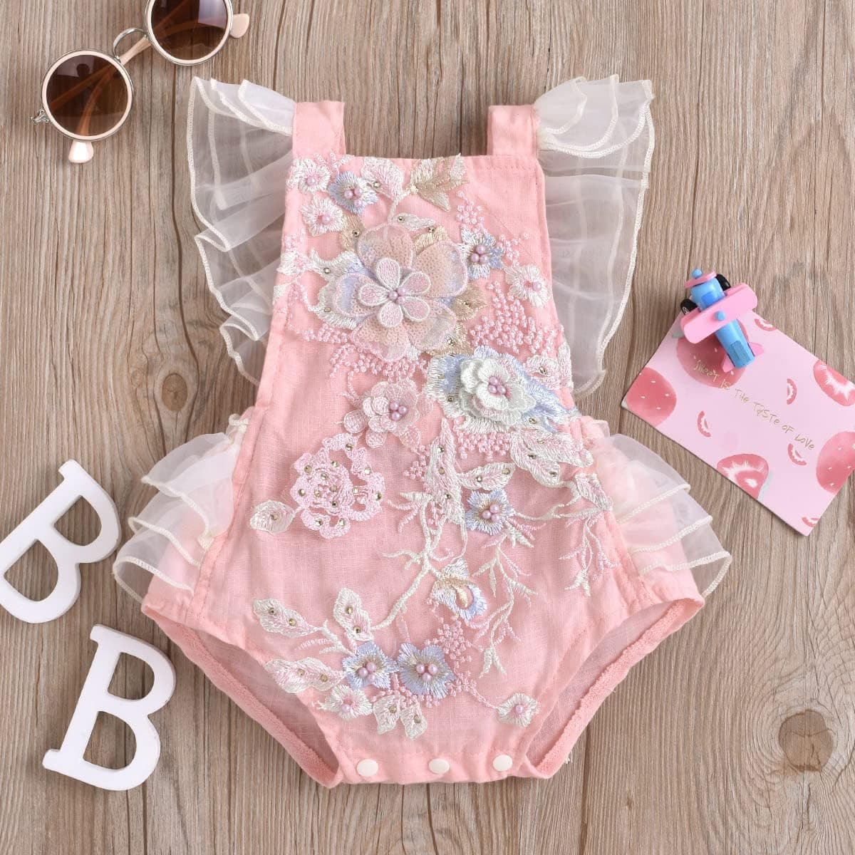 Baby Girl Lace Romper Delicate Embroidery Backless Bodysuit with Flower Headband 2pcs Cake Smash Outfit…