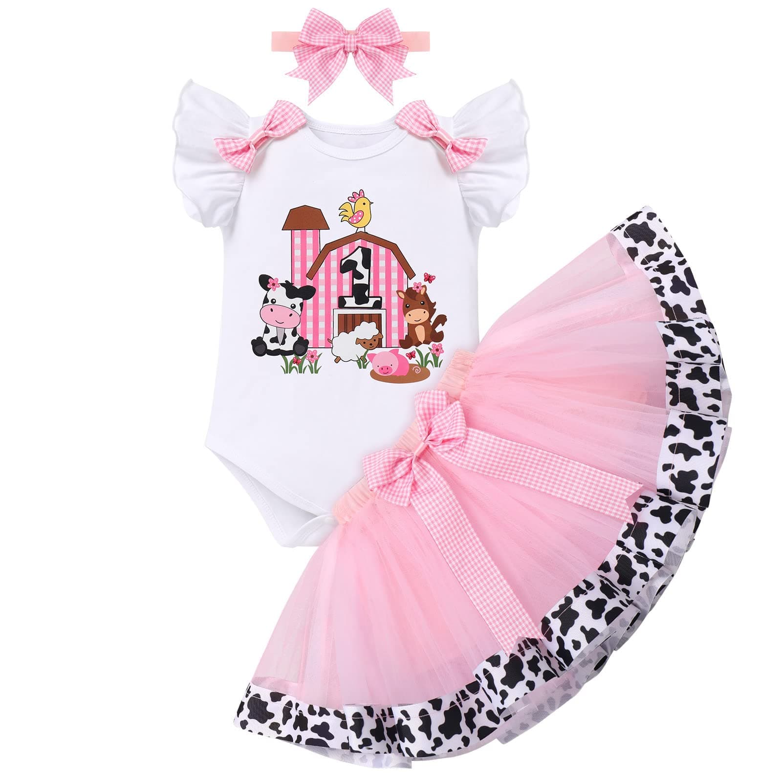 Baby Girl 1st Birthday Farm Cow Ladybug Romper Tutu Skirt Headband Cake Smash Photo Shoot Clothes