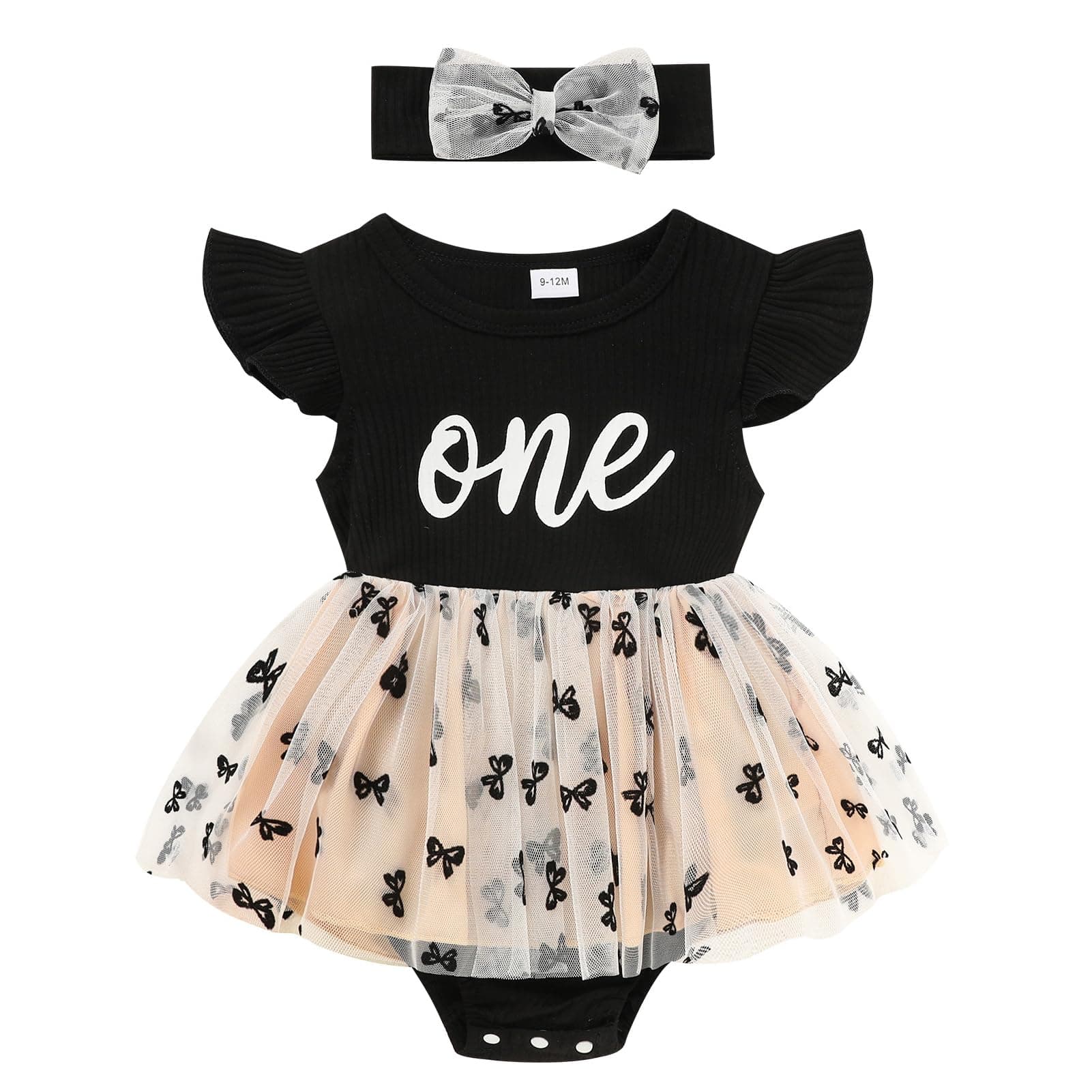 GRNSHTS Baby Girl 1st Birthday Ribbed Tulle Romper with Headband