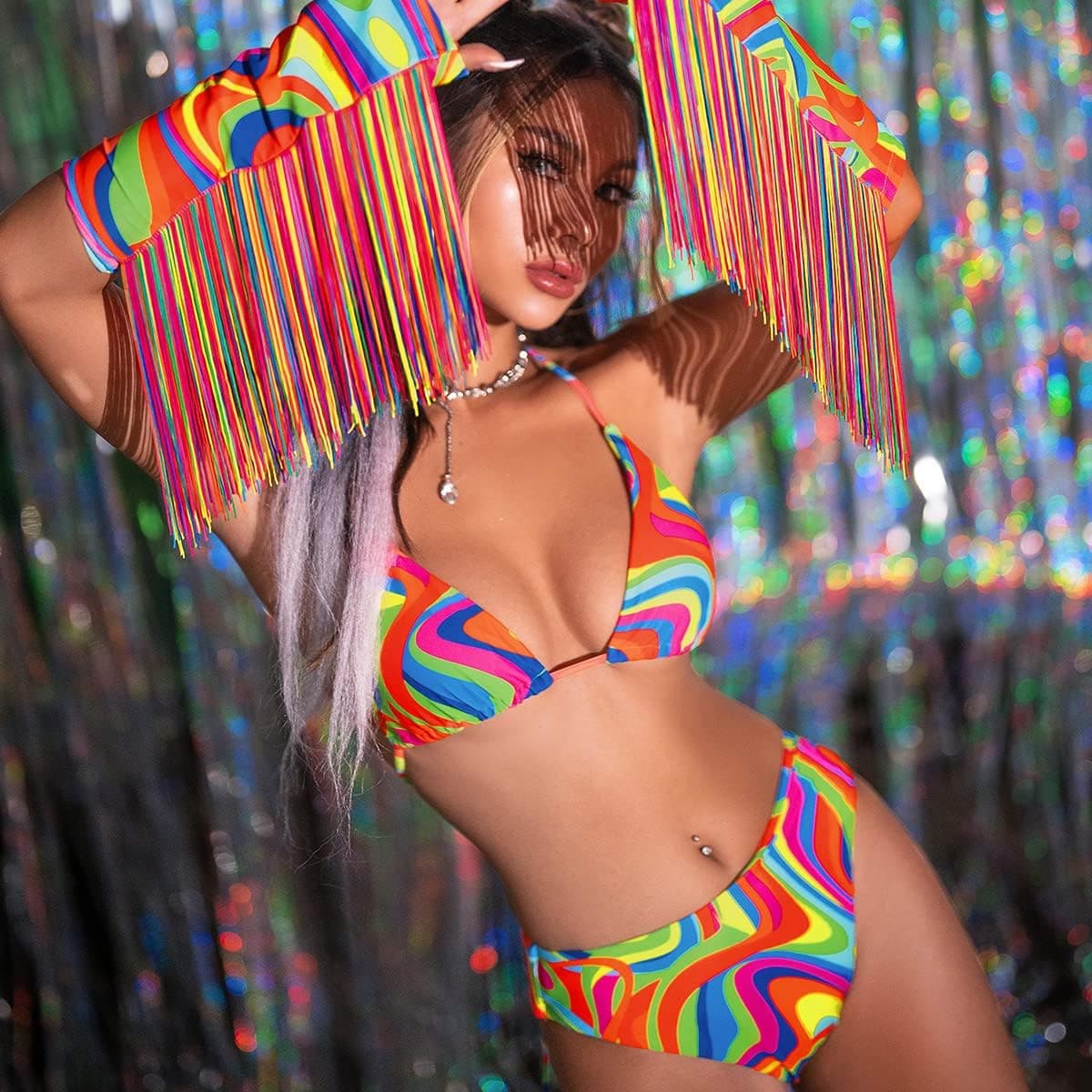 Women Rave Outfit Vintage Bikini Set Rainbow Bra Top with Bottom Summer Beach Holiday Swimwear Bathing Suits