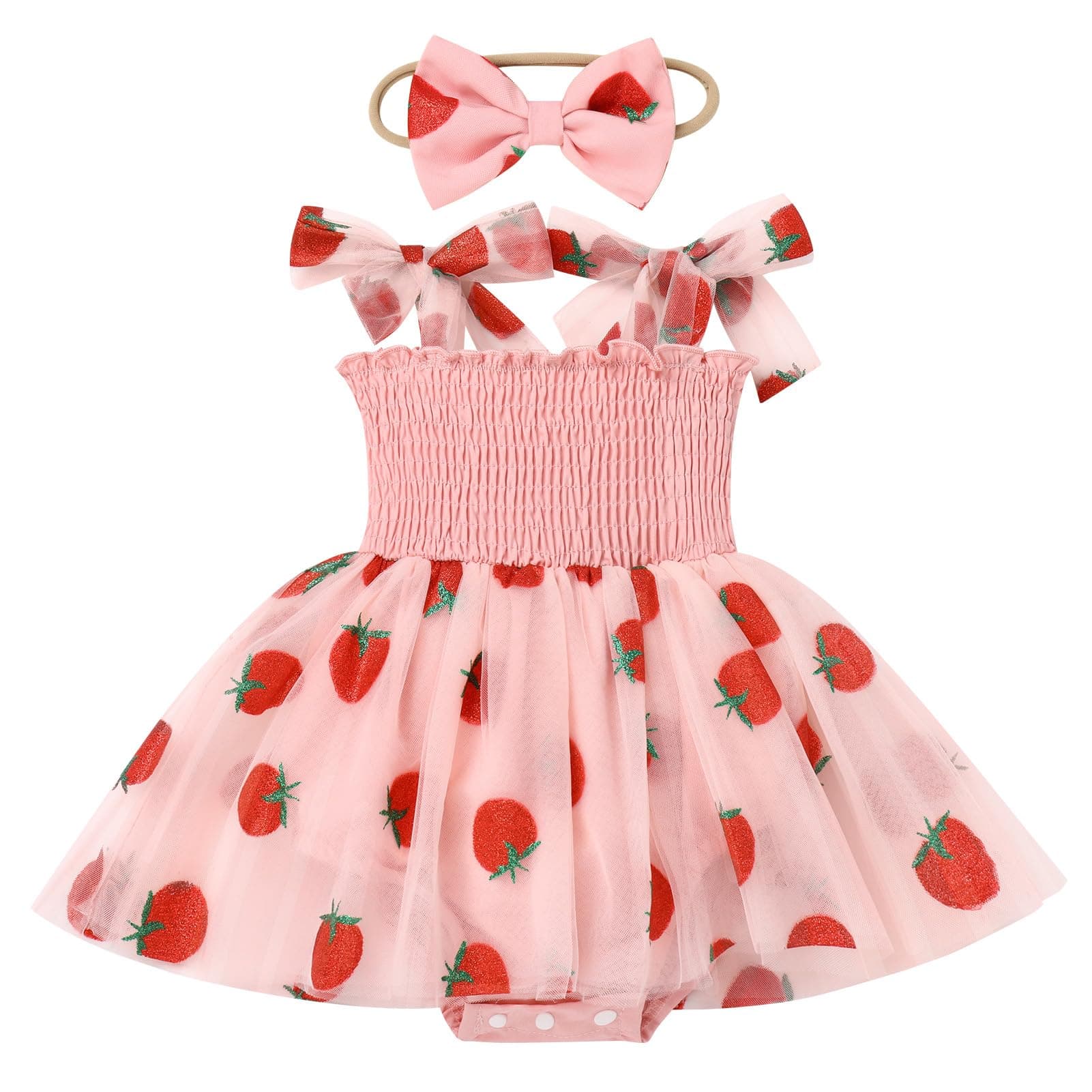 IMEKIS Boho Strawberry Romper Tulle Dress with Headband for Baby Girl Summertime Fotos