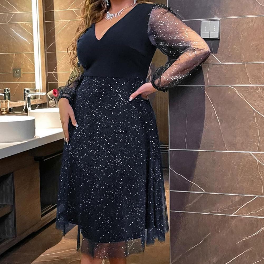 Plus Size Wedding Guest Dress for Women Long Sleeve V Neck Mesh Ruffle Party Dress Sparkle Glitter Cocktail Dress