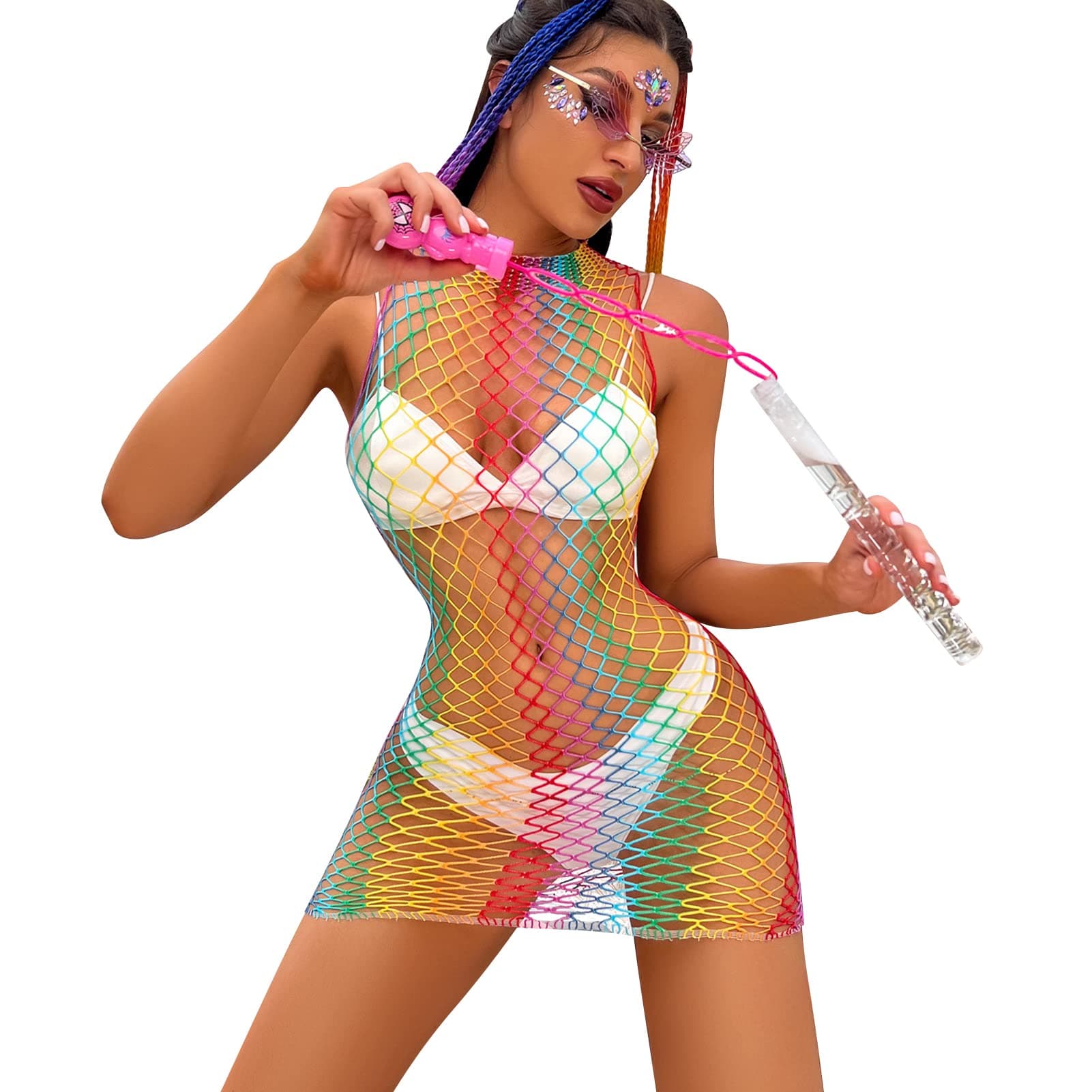 Rainbow Fishnet Dress Bodysuit for Women