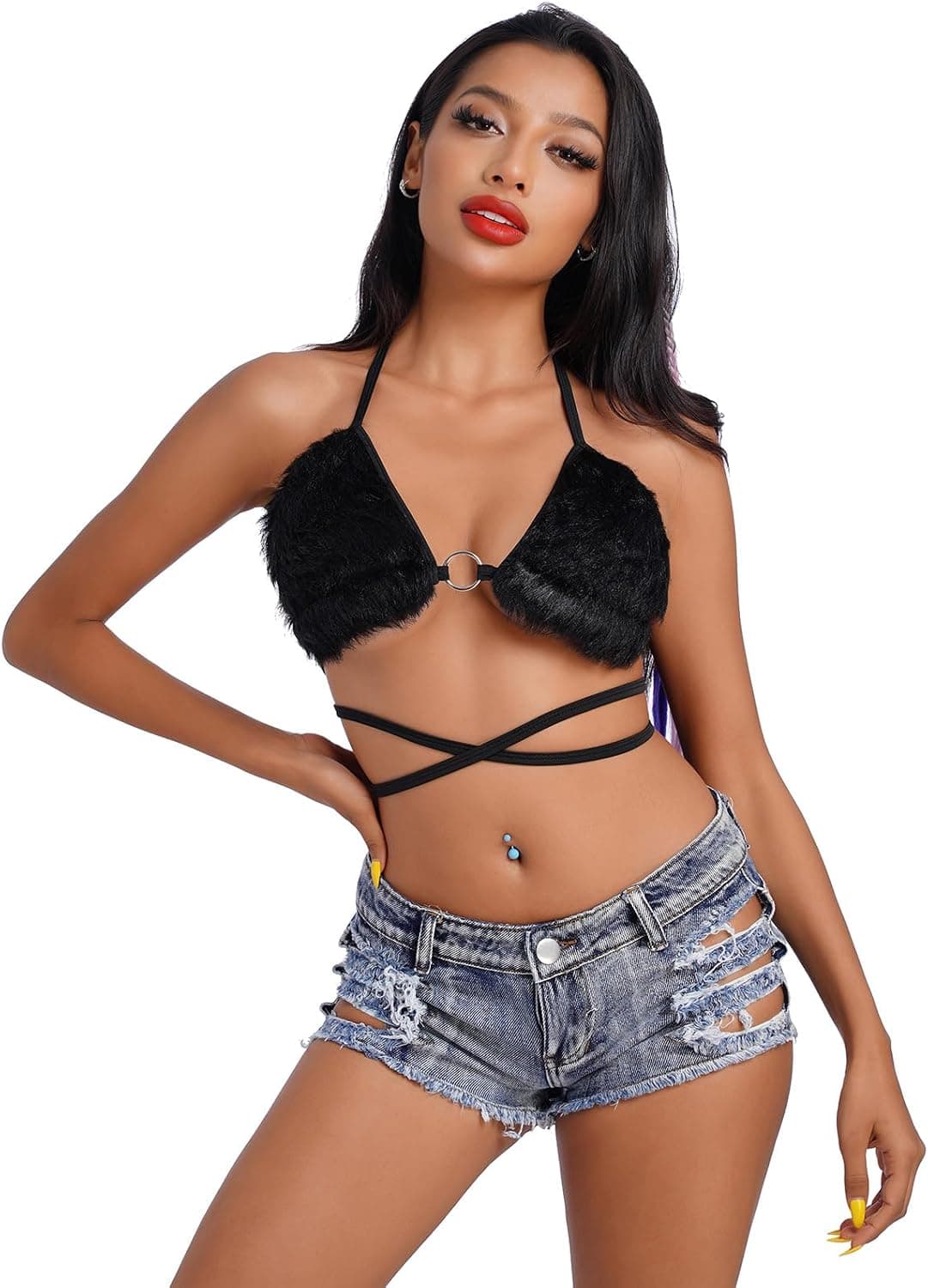 Black Rave Top for Women: Black Fluffy Tops Bikini Bra Fur Crop Top Halter Bandage Camisole Rave Outfit for Women Festivals Sexy Halloween Cowgirl Costume Cosplay Lingerie Dance Clubwear Black