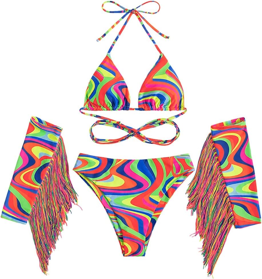 Women Rave Outfit Vintage Bikini Set Rainbow Bra Top with Bottom Summer Beach Holiday Swimwear Bathing Suits