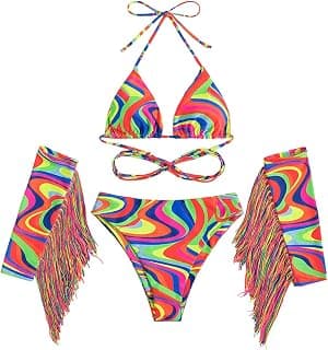 Women Rave Outfit Vintage Bikini Set Rainbow Bra Top with Bottom Summer Beach Holiday Swimwear Bathing Suits