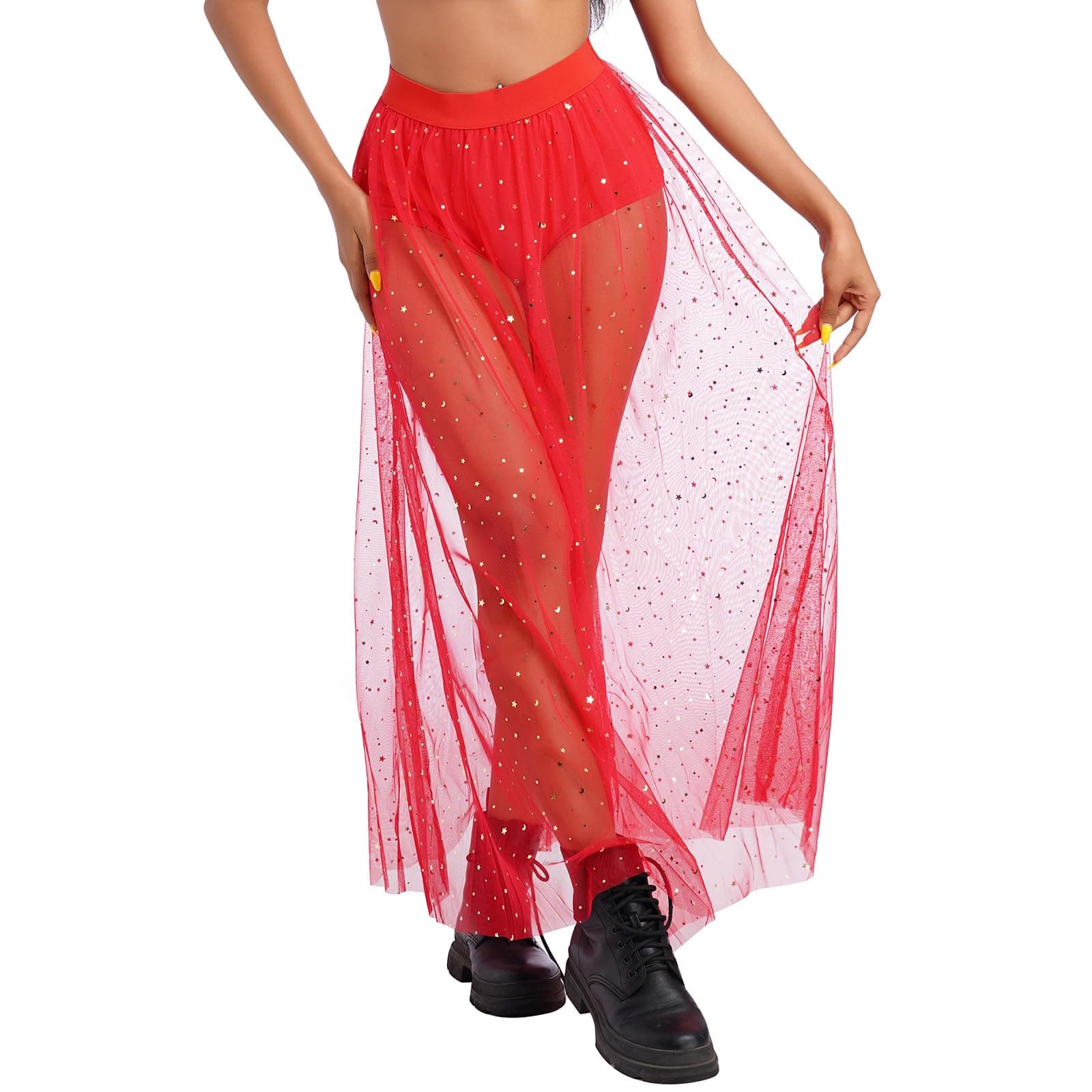 IMEKIS Women's Shiny Stars Maxi Skirt for Music Festivals & Halloween