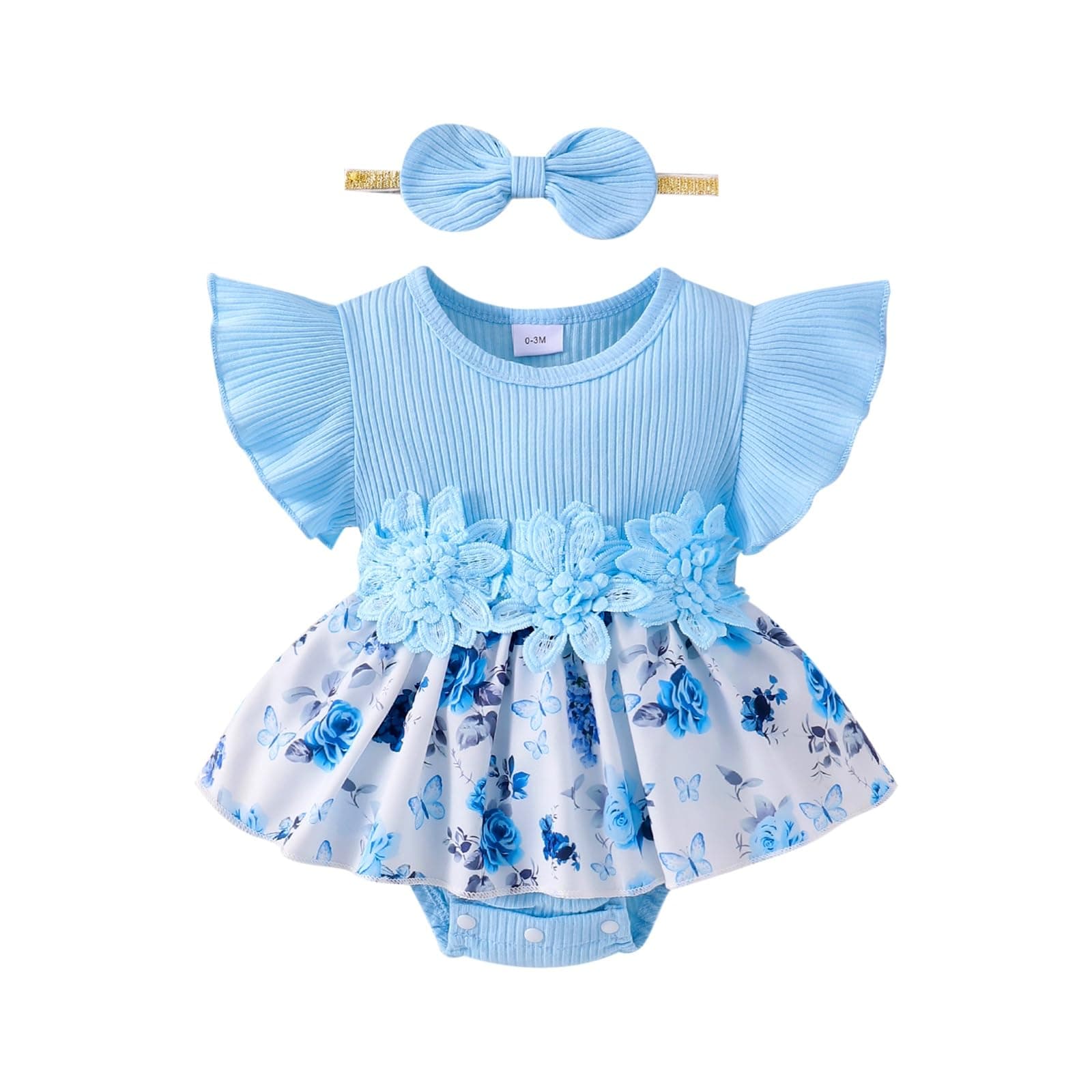Cute Summer Outfit Set for Baby Girls 0-18 Months Romper Skirt Sleeve Ruffle Bow Headband