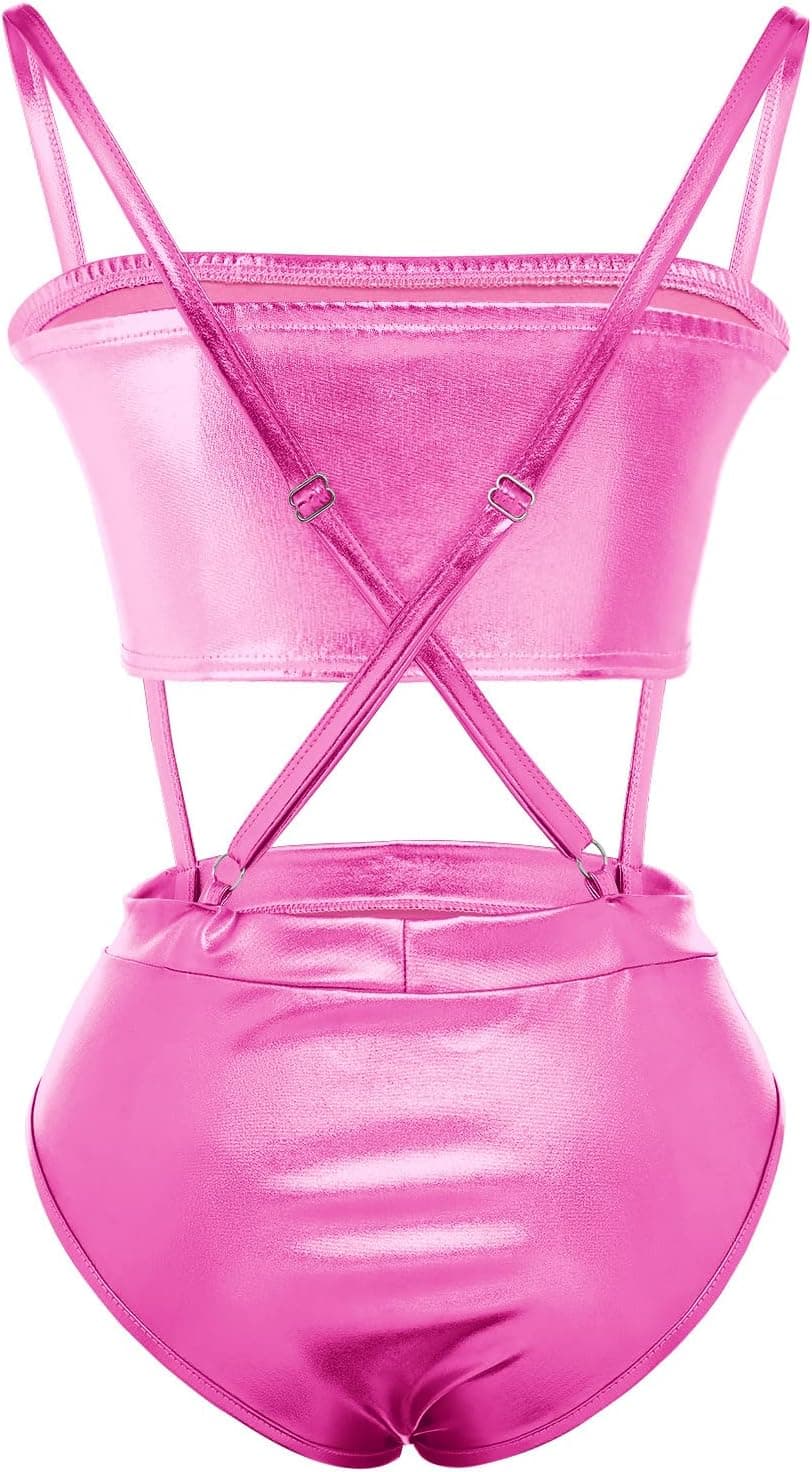 Women Shiny Metallic Bandeau Top + Suspender Hot Shorts Sexy Holographic Metallic Set Rave Outfit Sexy Bikini Clubwear