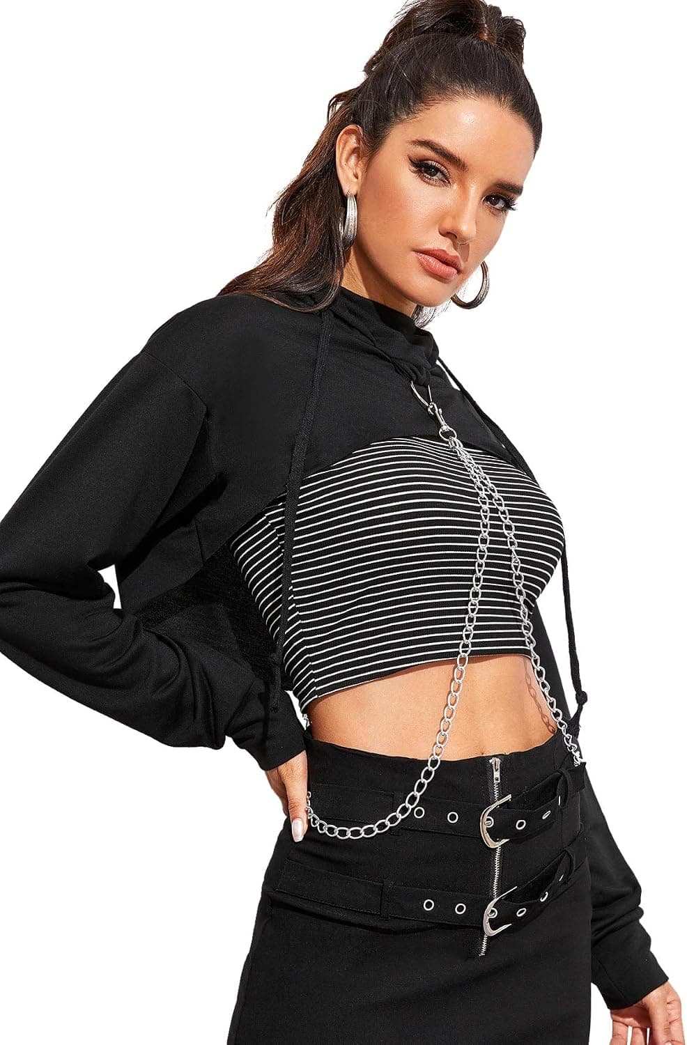 Women's Solid Black Long Sleeve Pullover Crop Top Hoodie