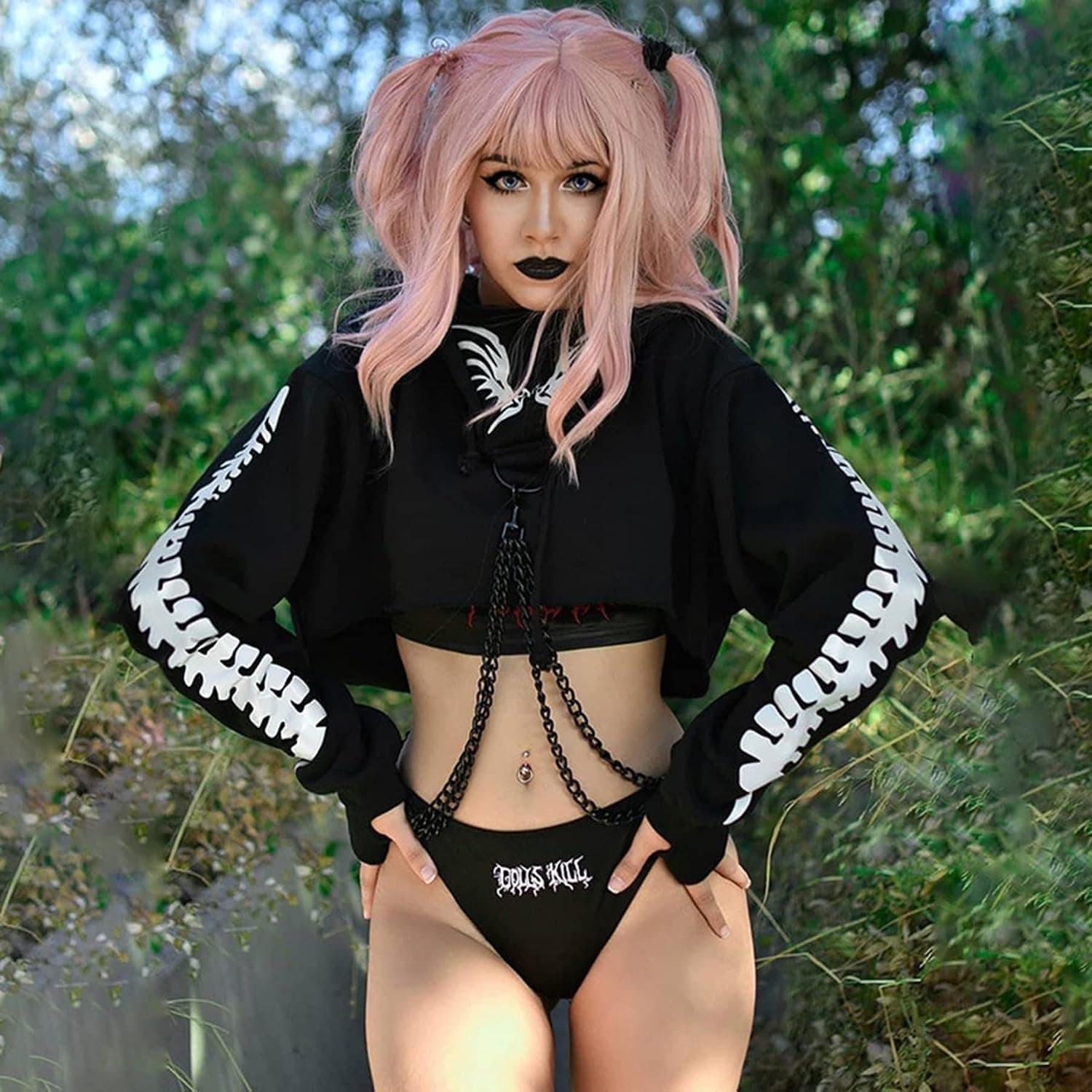Women Sexy Off Shoulder Gothic Punk Lace Hoodie Crop Top Long Sleeve Bandage Sweatshirt for Rave Halloween Costume
