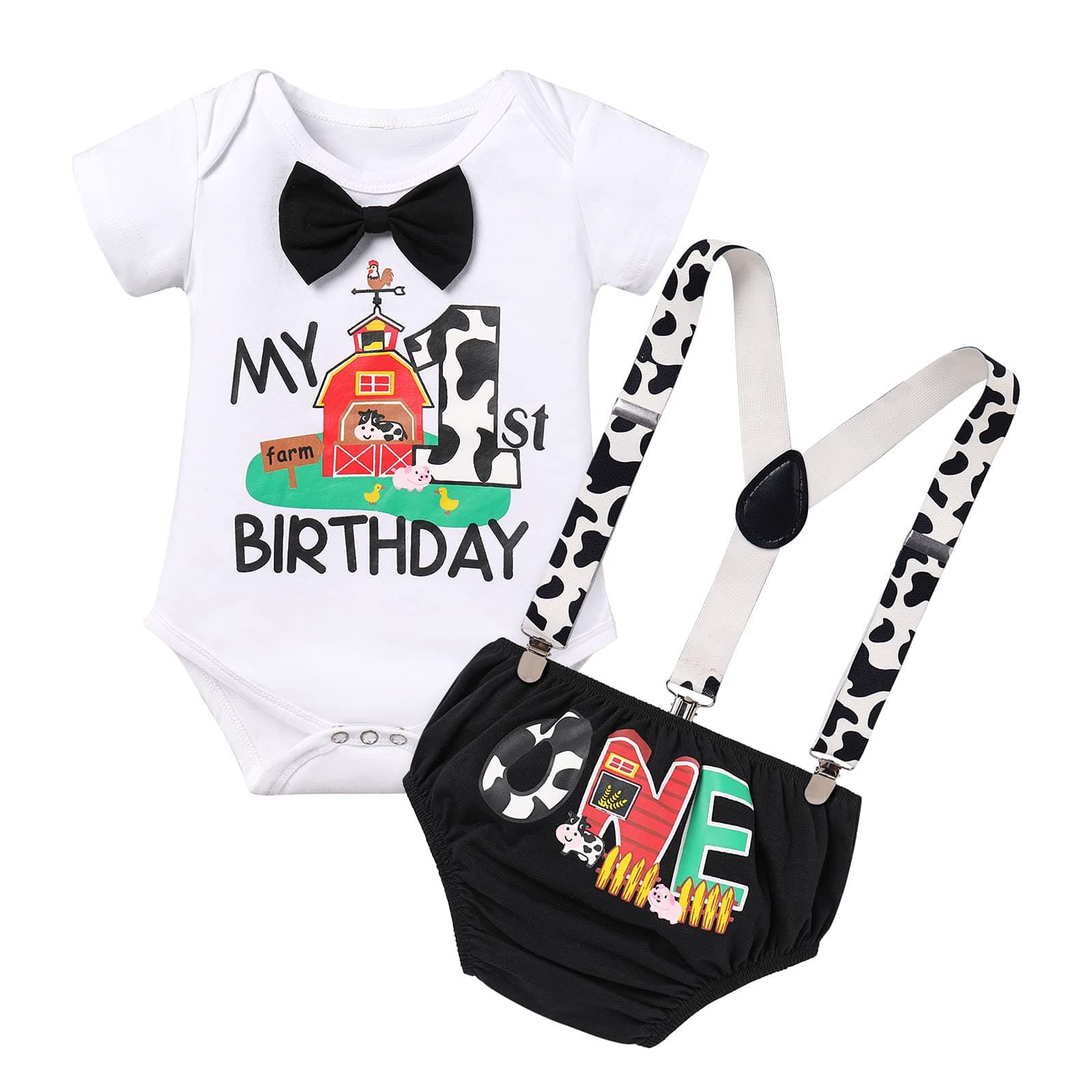 IMEKIS Baby Boys Farm Animals 1st Birthday Cake Smash Outfit with Suspenders Shorts