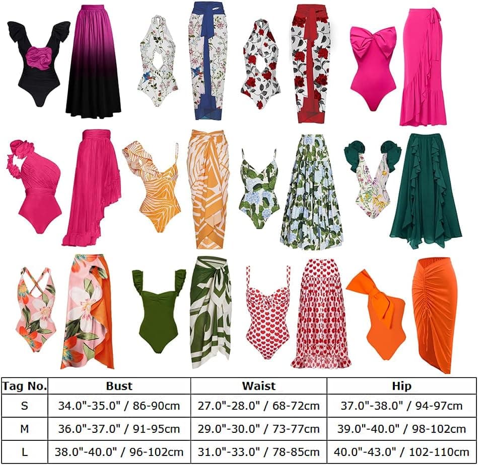 Womens 2 Piece Swimsuit with Cover Ups Set Retro Floral Print One Piece Swimwear Sarong Summer Holiday Outfit