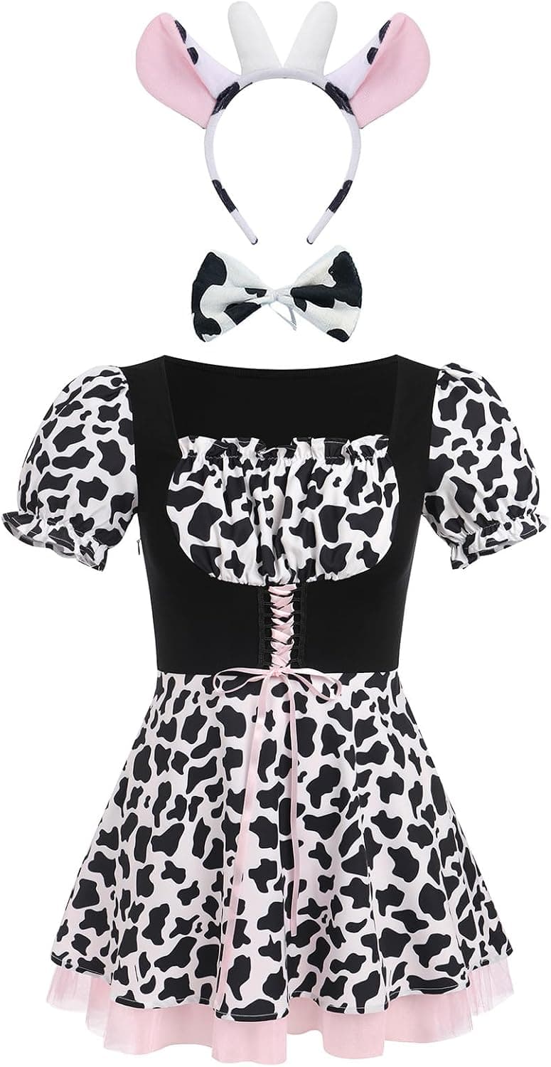 Women Cow Halloween Costume Cow Print Dress + Headband + Bowtie Anime Animals Cosplay Outfit 3 Piece Set
