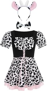 Women Cow Halloween Costume Cow Print Dress + Headband + Bowtie Anime Animals Cosplay Outfit 3 Piece Set