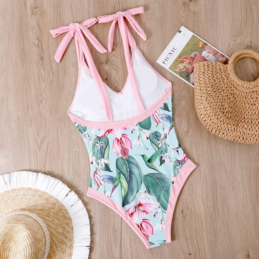 Women 2 Pieces Beach Swimsuit Floral Print Tropical Bikini Swimsuit with Cover up Wrap Skirt Bathing Suits