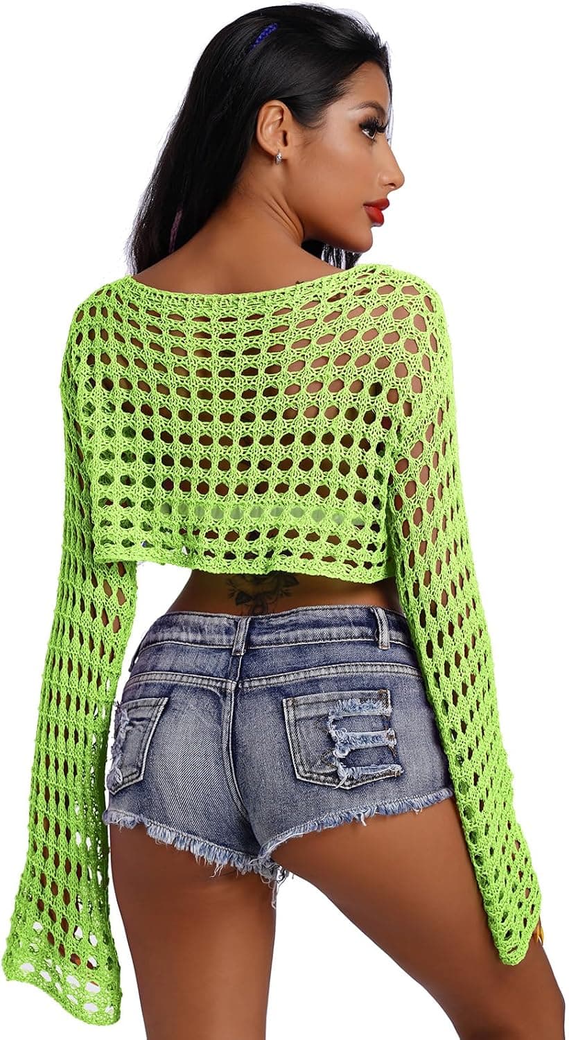 Women Hollow Out Crochet Knit Crop Tops Summer Beach Cover Up Bell Long Sleeve Rave Sweaters Tops