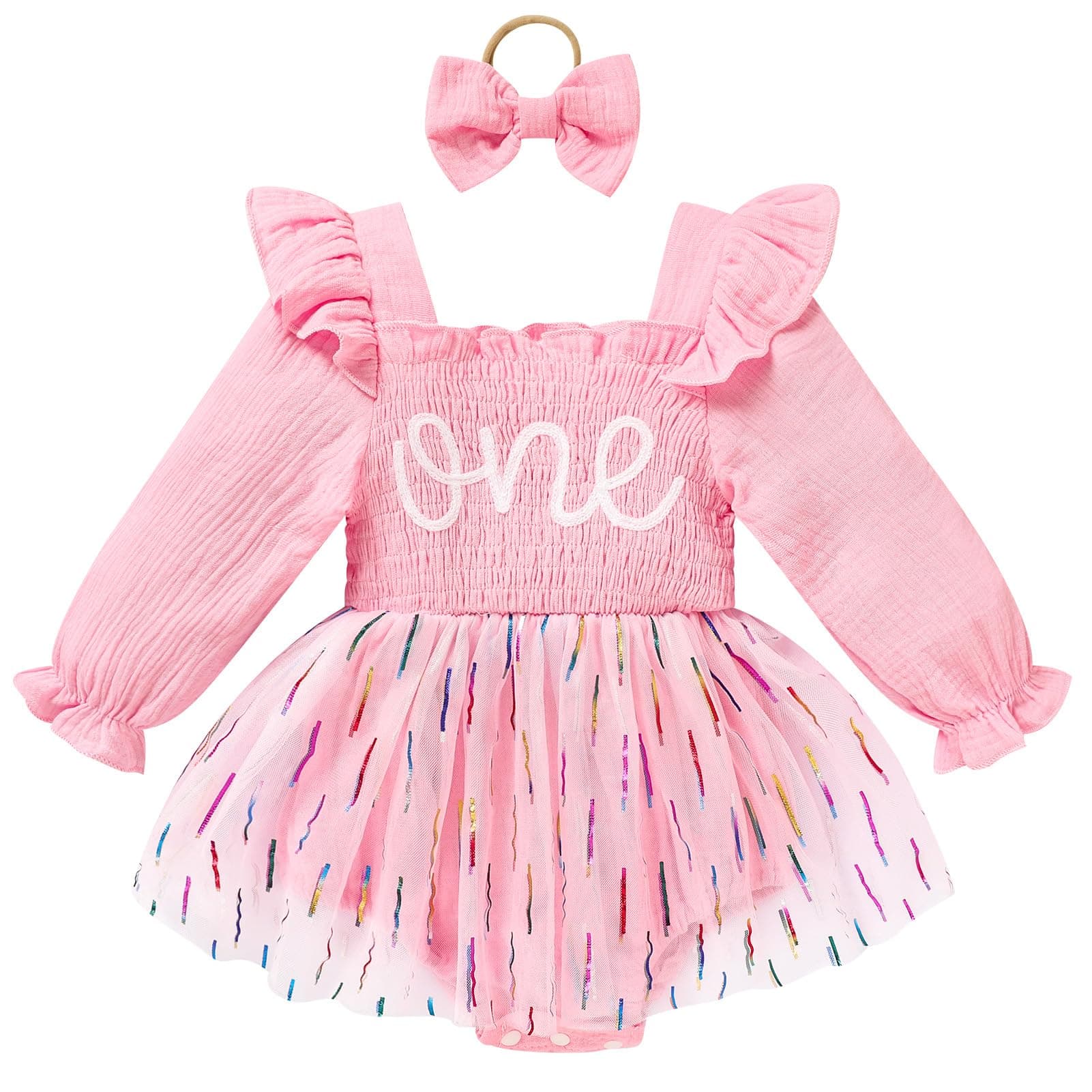 TITKKOP Baby Girl 1st Birthday Tulle Romper Long Sleeve Cake Smash Outfit