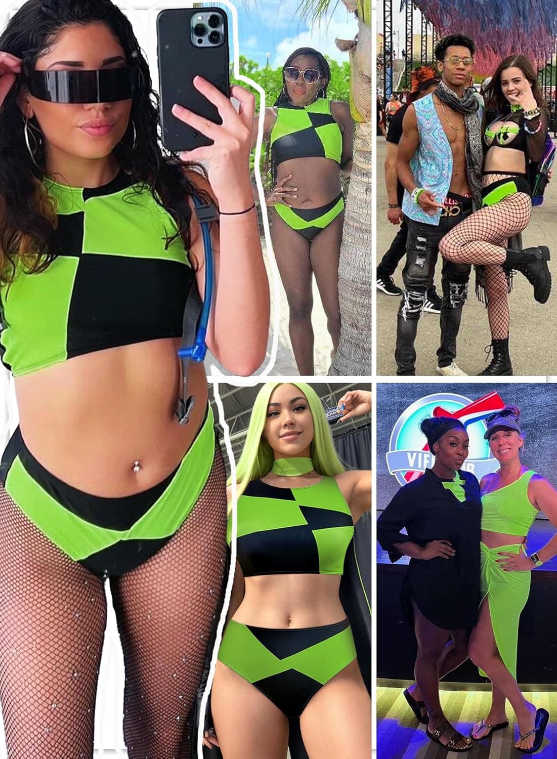Womens Colorblock Shego Costume - Rave Outfit Swimsuits High Neck Crop Top High Waisted Bottom Cosplay Bikini Sets