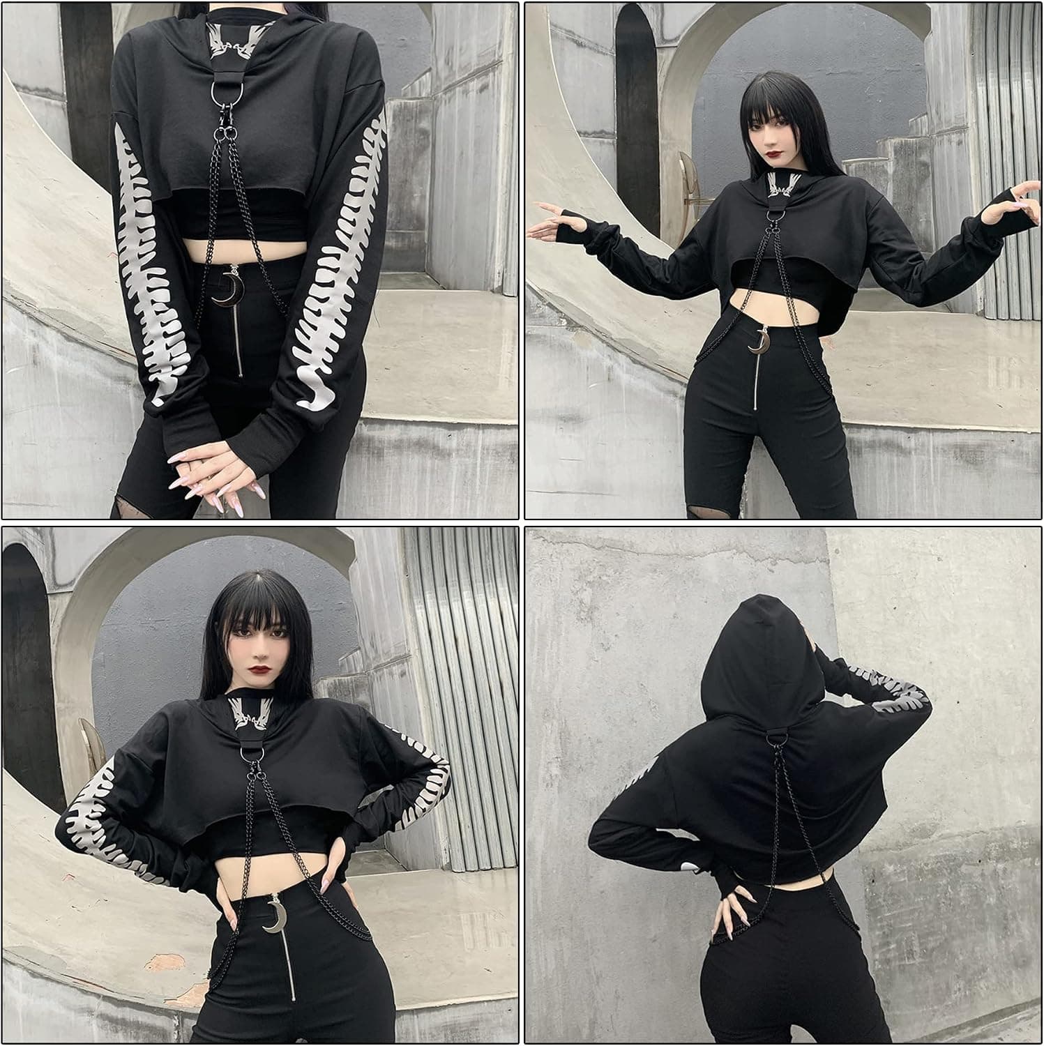 Women Sexy Off Shoulder Gothic Punk Lace Hoodie Crop Top Long Sleeve Bandage Sweatshirt for Rave Halloween Costume