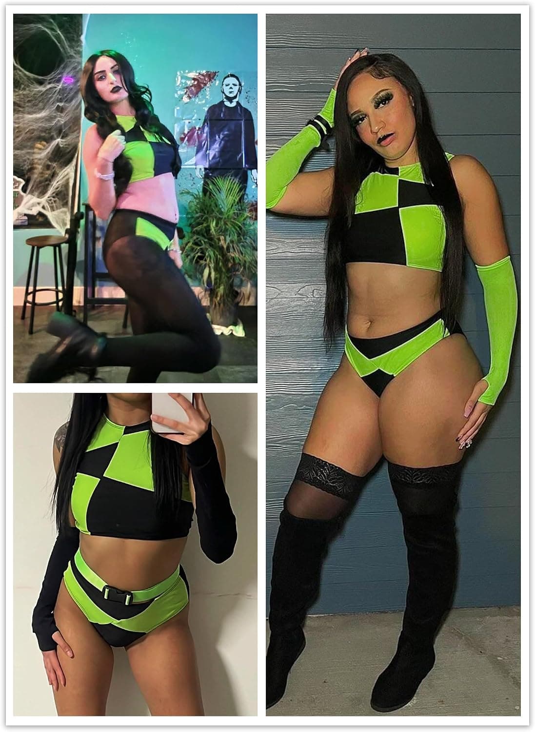 Womens Colorblock Shego Costume - Rave Outfit Swimsuits High Neck Crop Top High Waisted Bottom Cosplay Bikini Sets