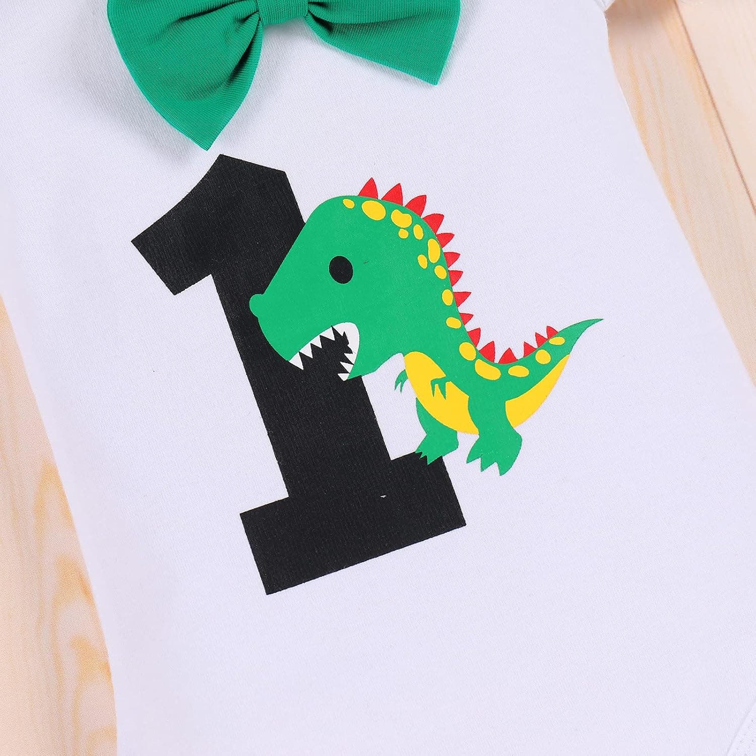Baby Boys Dinosaur 1st Birthday Outfit Cake Smash Bowtie Romper + Shorts + Suspenders 3PCS Clothes Set for Photo Shoot