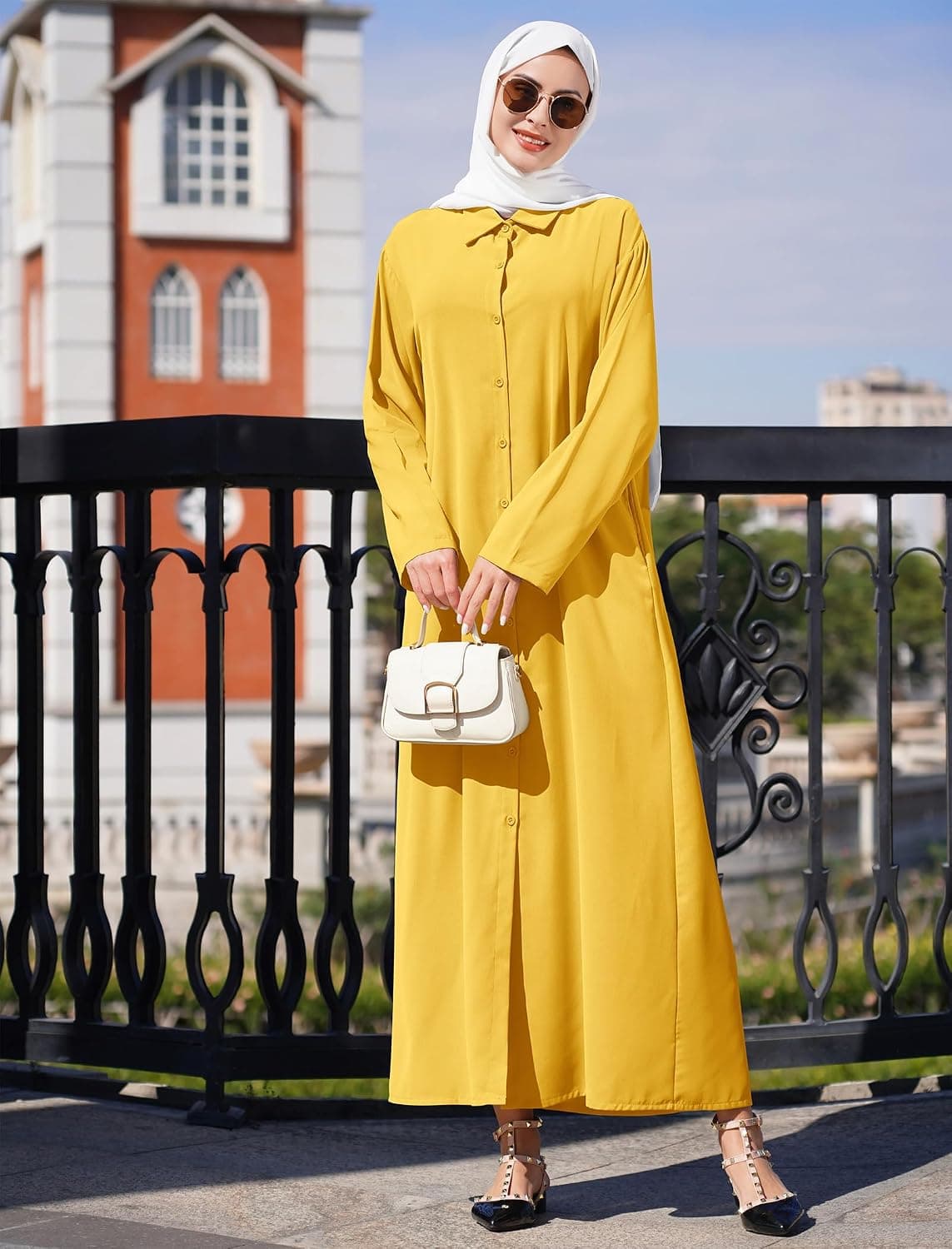 Muslim Abaya Long Sleeve Button Up Maxi Shirt Dress for Women Modest Islamic Prayer Cover Up Robe with Pockets