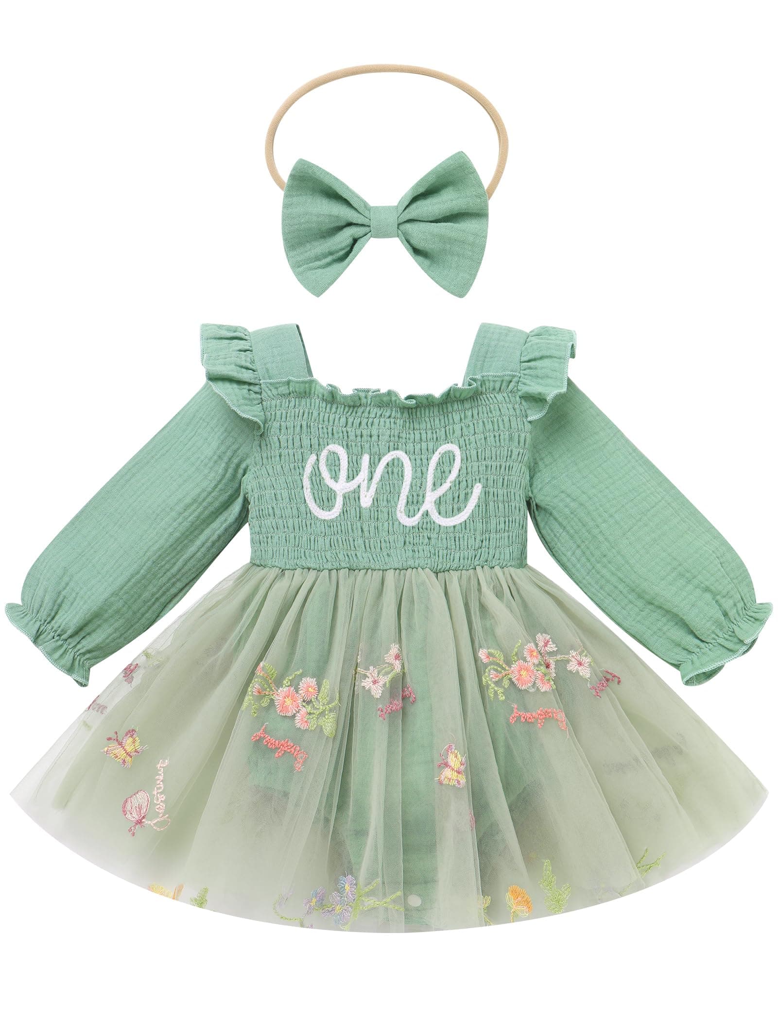 ODASDO Baby Girls First Birthday Square Neck Ruffle Tutu Romper Dress with Bow Headband