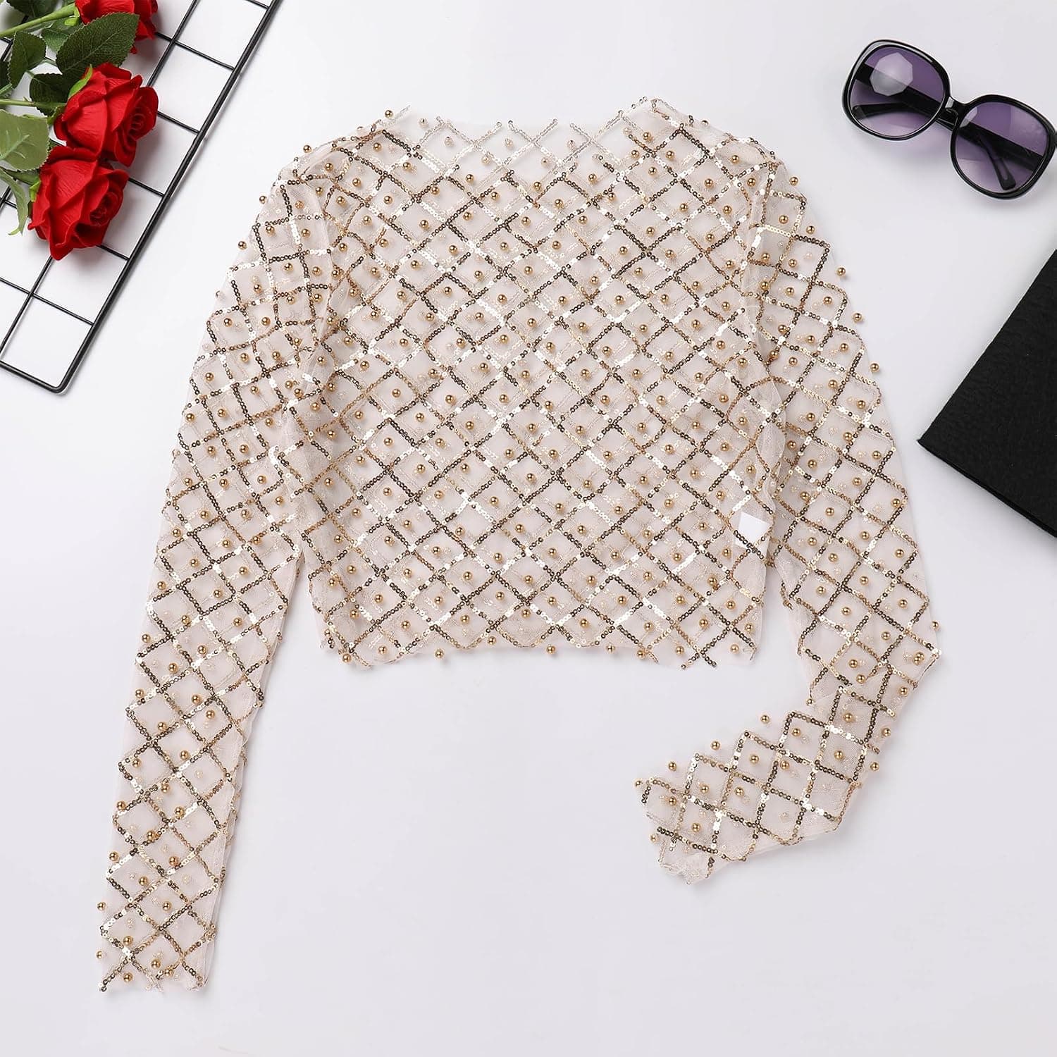 Sparkle Sequins Beads Sheer Mesh Crop Top Rave Outfit for Women Sexy Long Sleeve Pearls Fishnet Cover-up