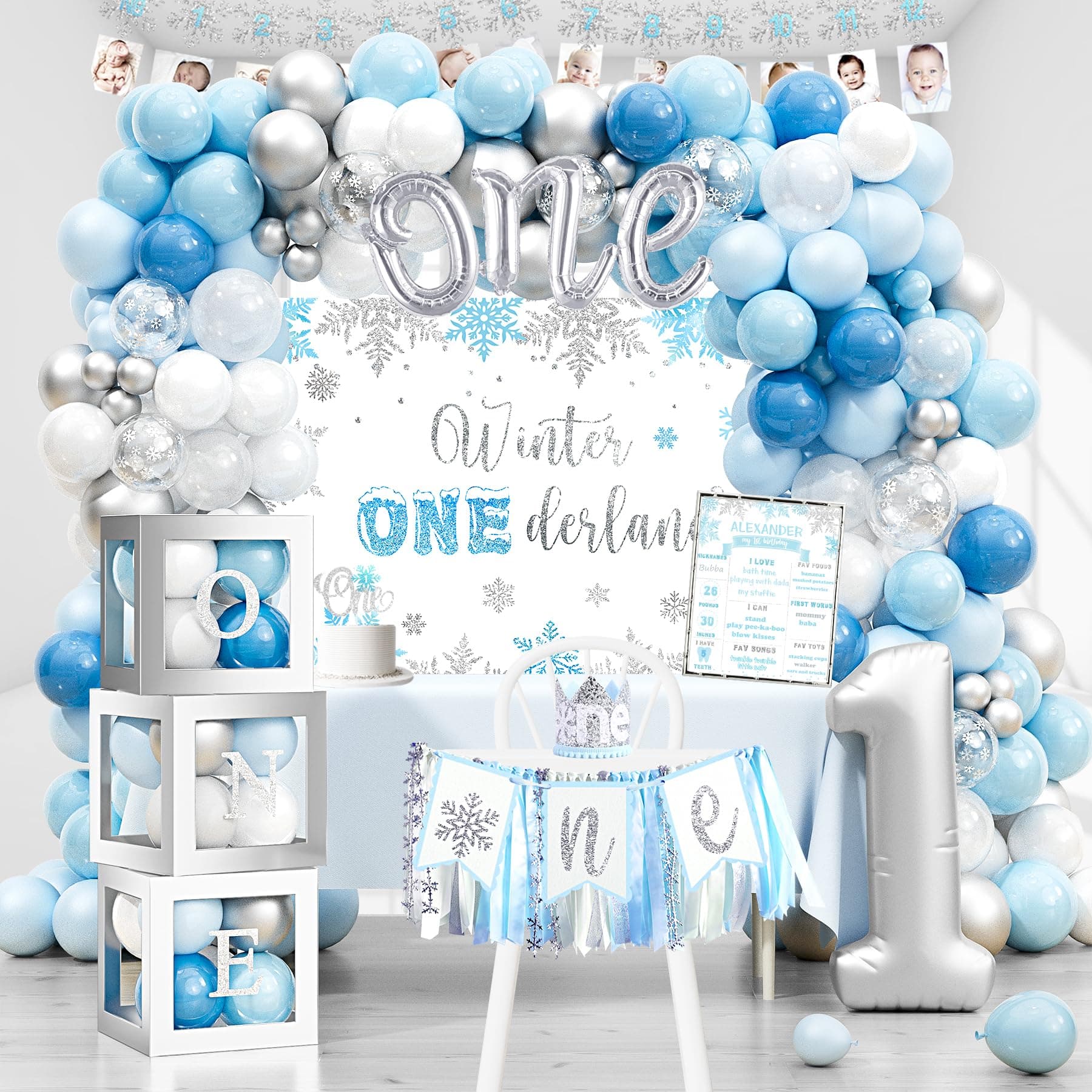 Winter Onederland Birthday Decorations for Boy, Blue Snowflake Banner Highchair Balloon