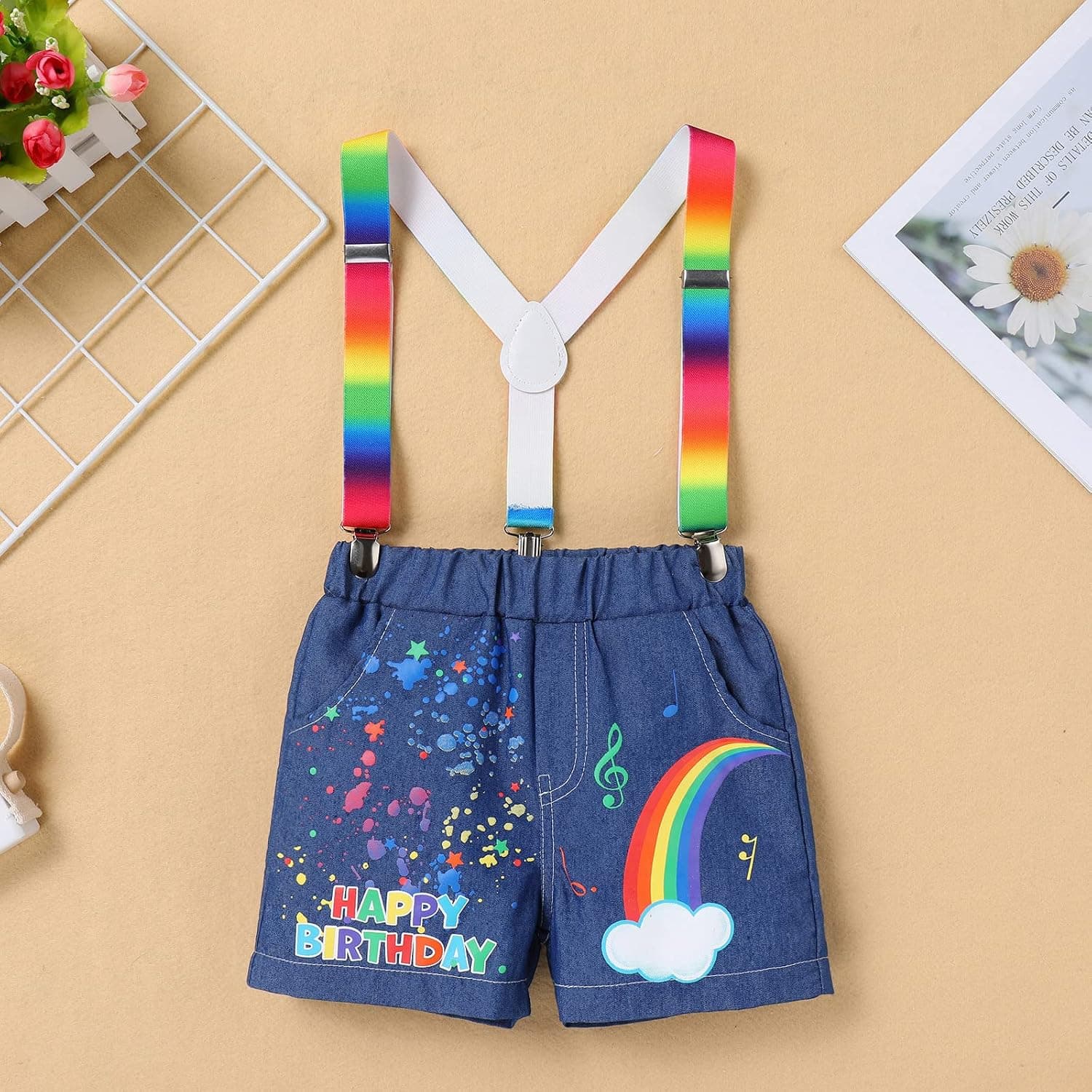 Toddler Baby Boys Melon Birthday Outfit Romper T-shirt + Jeans Shorts + Suspenders Rainbow Cake Smash Photo Shoot 1-5T