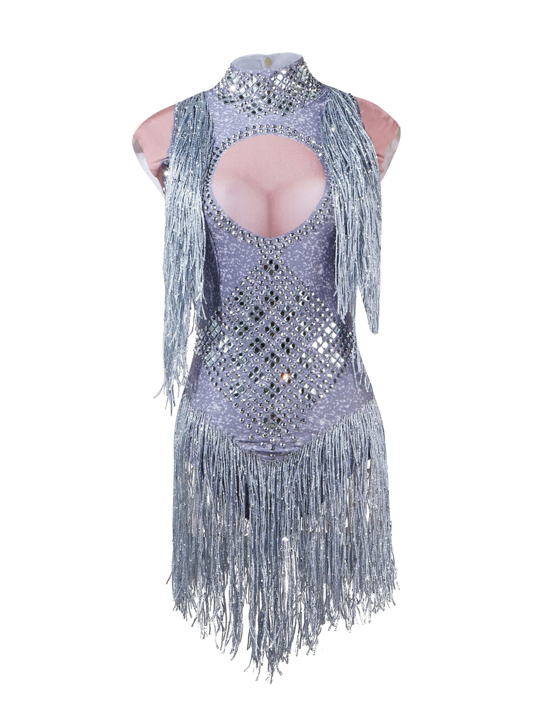 YUANTONG Sparkly Silver Rhinestone Fringe Bodysuit for Women Latin Dance Costume