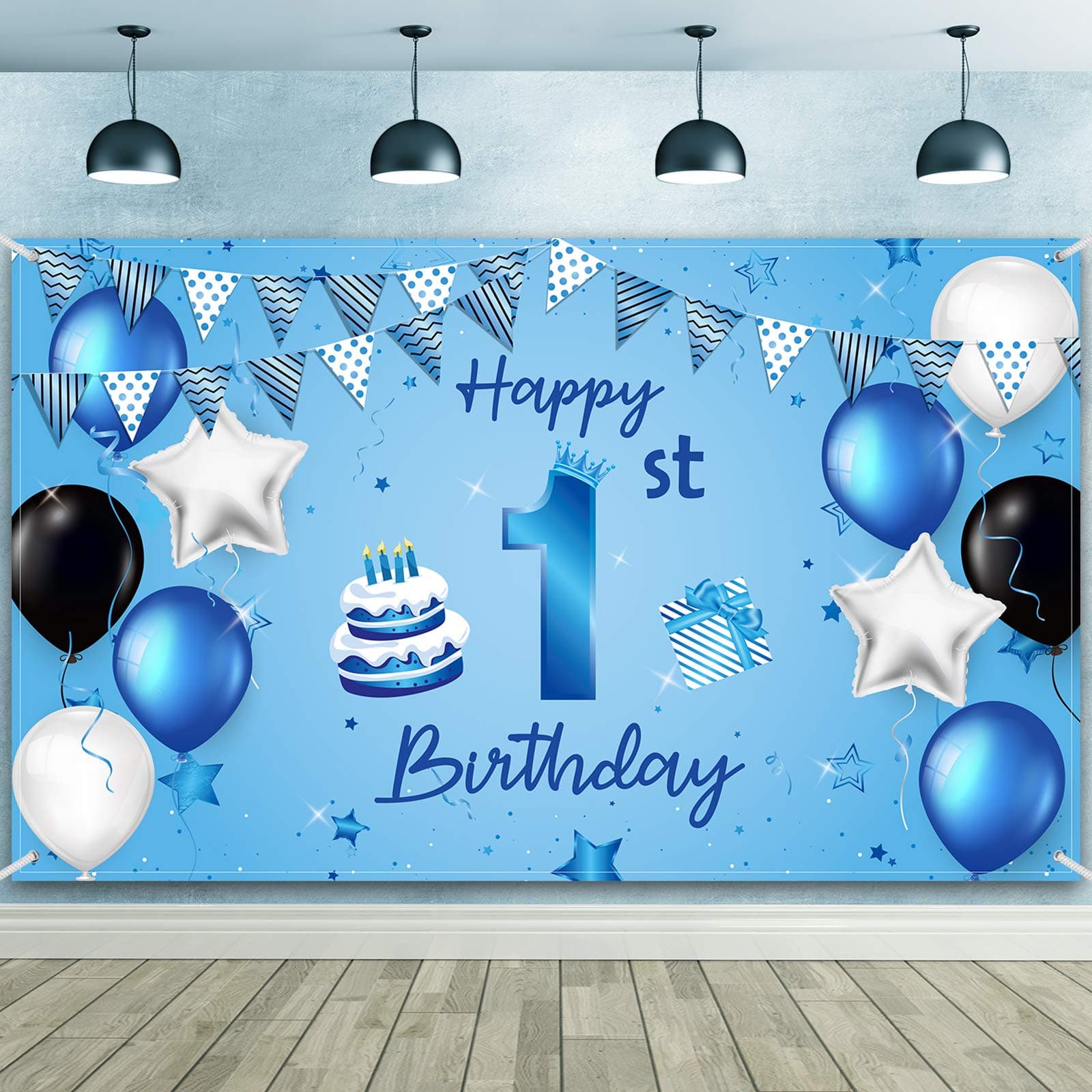Blue Happy 1st Birthday Backdrop Banner