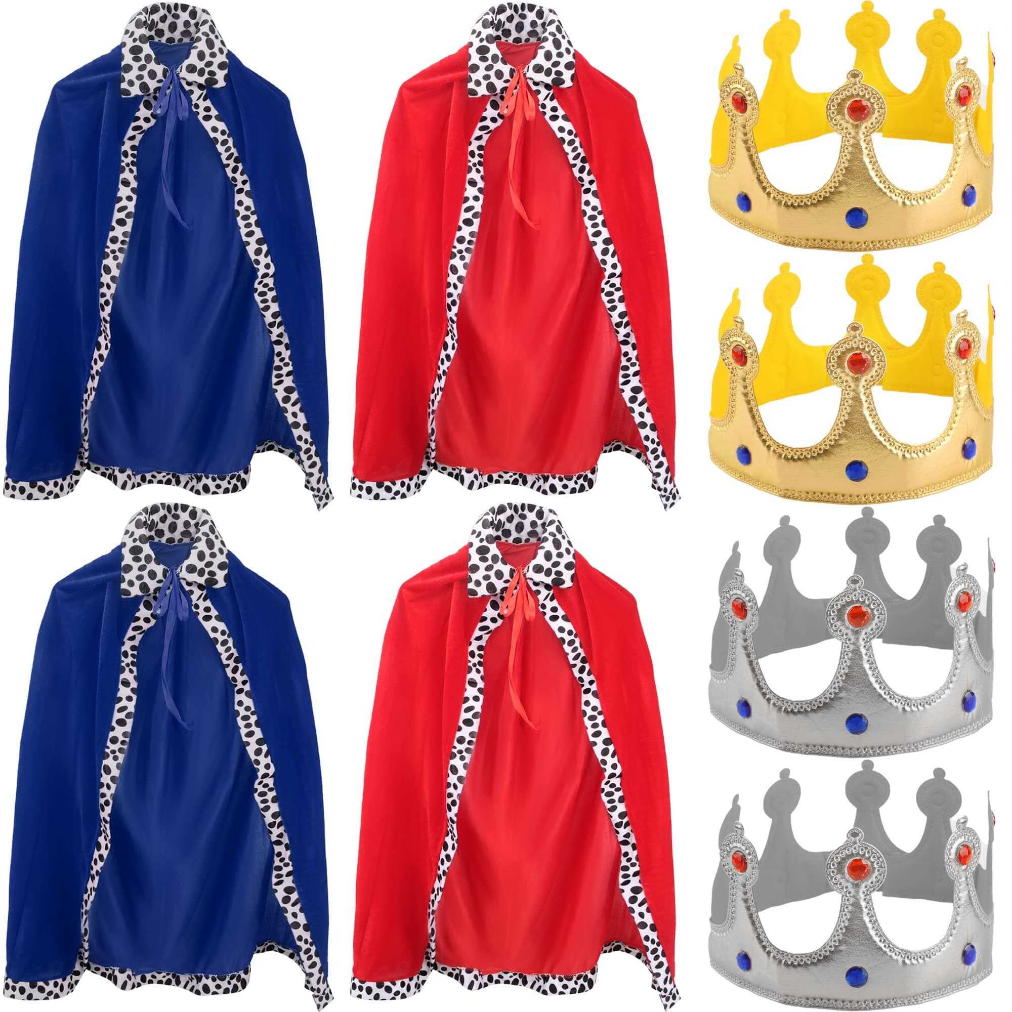 4-Pack Kids King Costume Set: Red & Blue Cape Crown Sheriff's Kids Halloween Cosplay