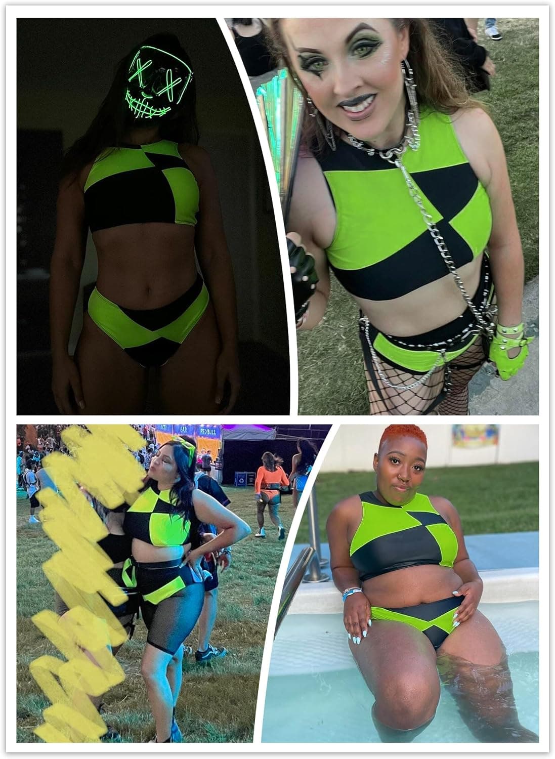 Womens Colorblock Shego Costume - Rave Outfit Swimsuits High Neck Crop Top High Waisted Bottom Cosplay Bikini Sets
